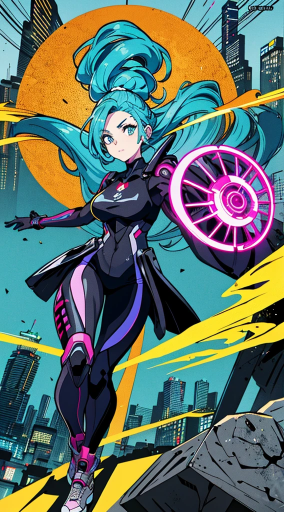 obra de arte, melhor qualidade, 1 garota ciberpunk, Tiro de corpo inteiro, Fique na frente da motocicleta, ver o visualizador, Confident cyberpunk girl with funky expression, Trajes populares no estilo Harajuku, bold colors and patterns, attractive accessories, penteado moderno e inovador, maquiagem vibrante, A deslumbrante paisagem urbana de Cyberpunk, sky scraper, Placas de neon, Luzes LED, esquema de cores vivas e brilhantes, anime, illustration, textura detalhada da pele, textura detalhada de pano, lindo rosto detalhado, detalhes intrincados, ultra detalhado.