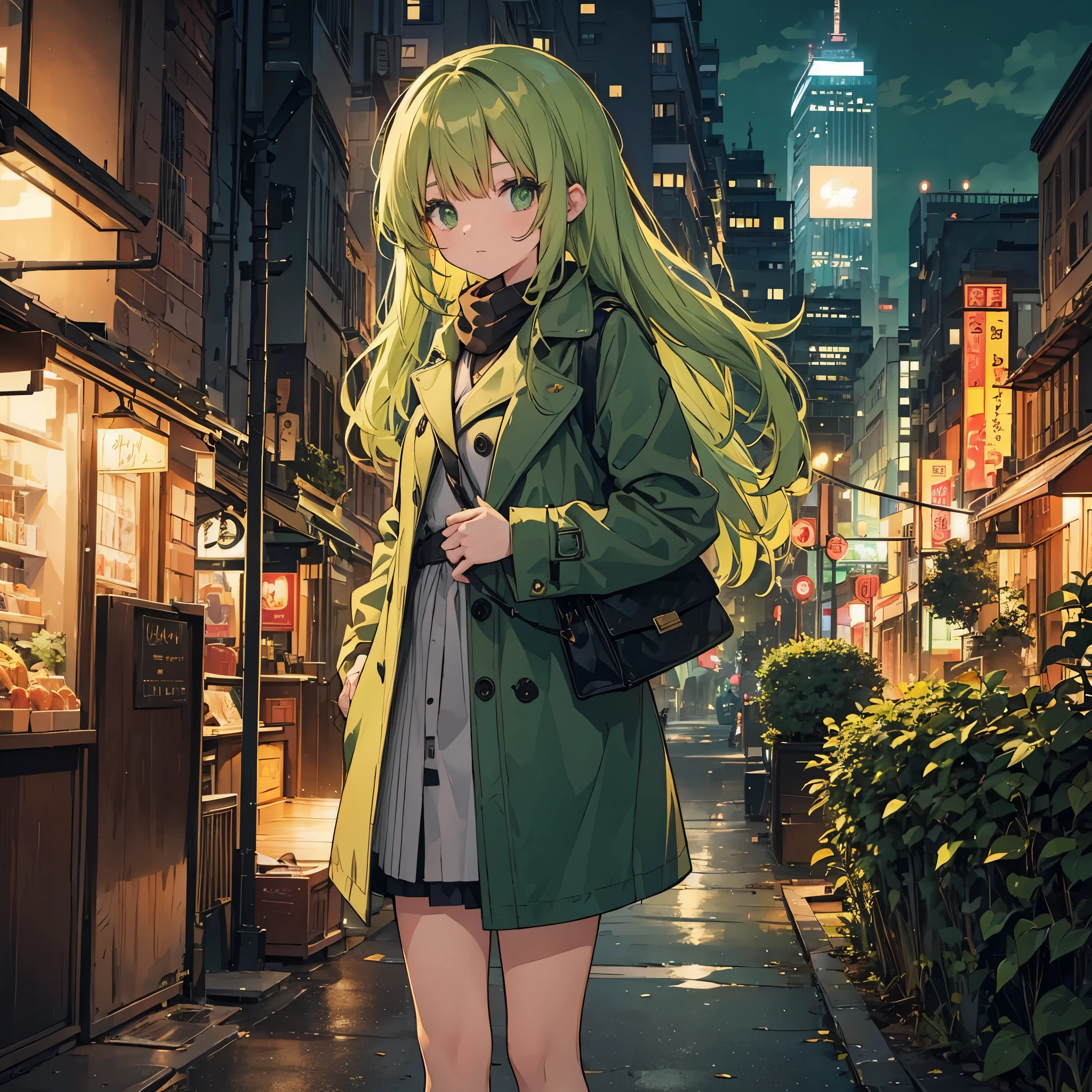 10th generation women、green hair、Semi-long and messy、deep green eyes、Orange muffler、trench coat、bag、cityscape、evening