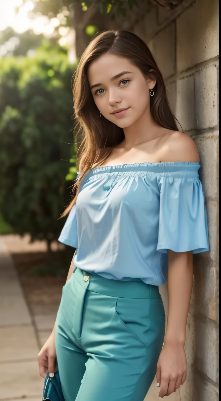 Foto hiperrealista en primer plano de Willa Fitzgerald, masterpiece, best quality, (photorealistic:1.4), full body, (light blue off-the-shoulder short sleeves blouse:1.2), (green green casual pants::1.1), bare arms, heels, collage campus, sunny day, cinematic light, beautiful woman, skinny, small breasts, straight brown hair, detailed face, smile, photo taken from a distance, age 20 tears old