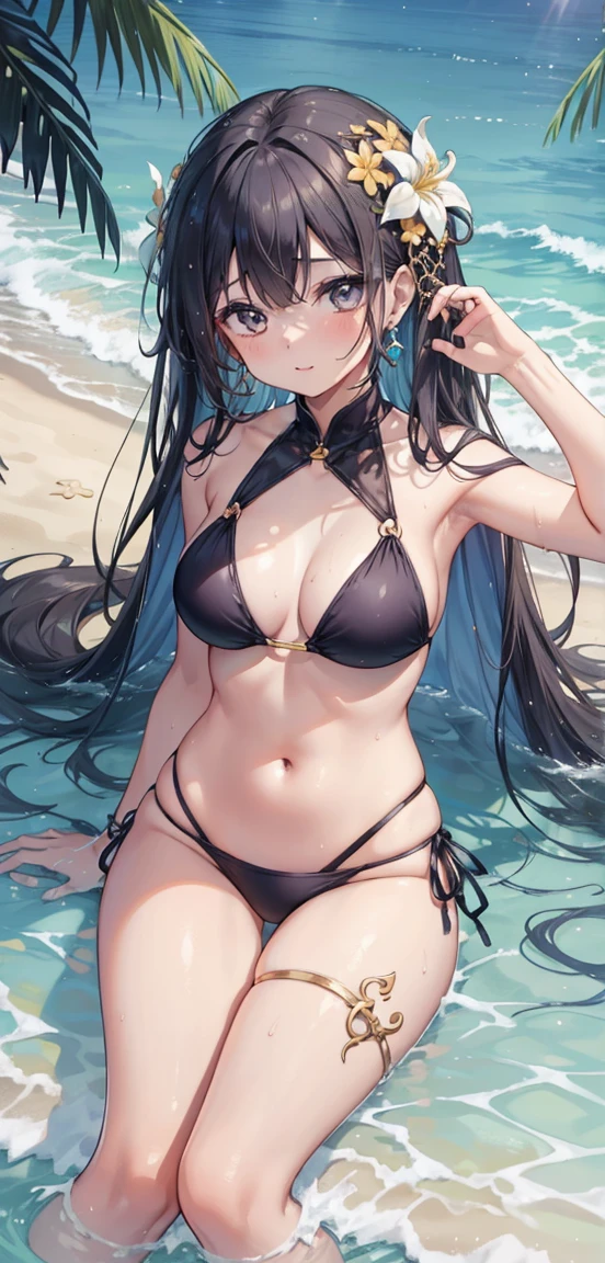 1 girl, big watery eyes*Su Jiushui*wet hair*hair open*earrings*leg rings>,, Lola:Add to_detail:1,Bikini swimsuit,leg rings,laying on a beach,flat chest