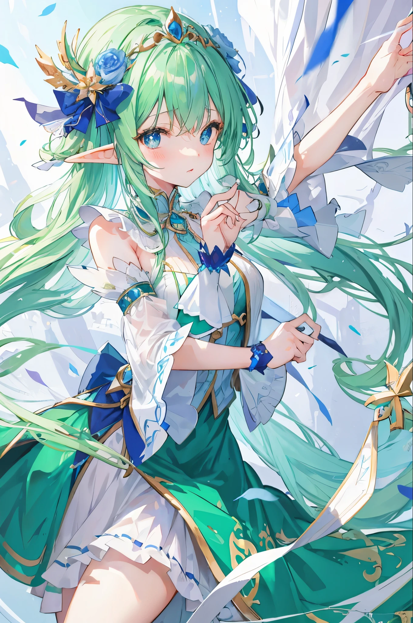 Elf princess,Blue affectionate and stunning pupils,Cute and cute,Kim's cute long hair,green clothes,Exquisite and extreme