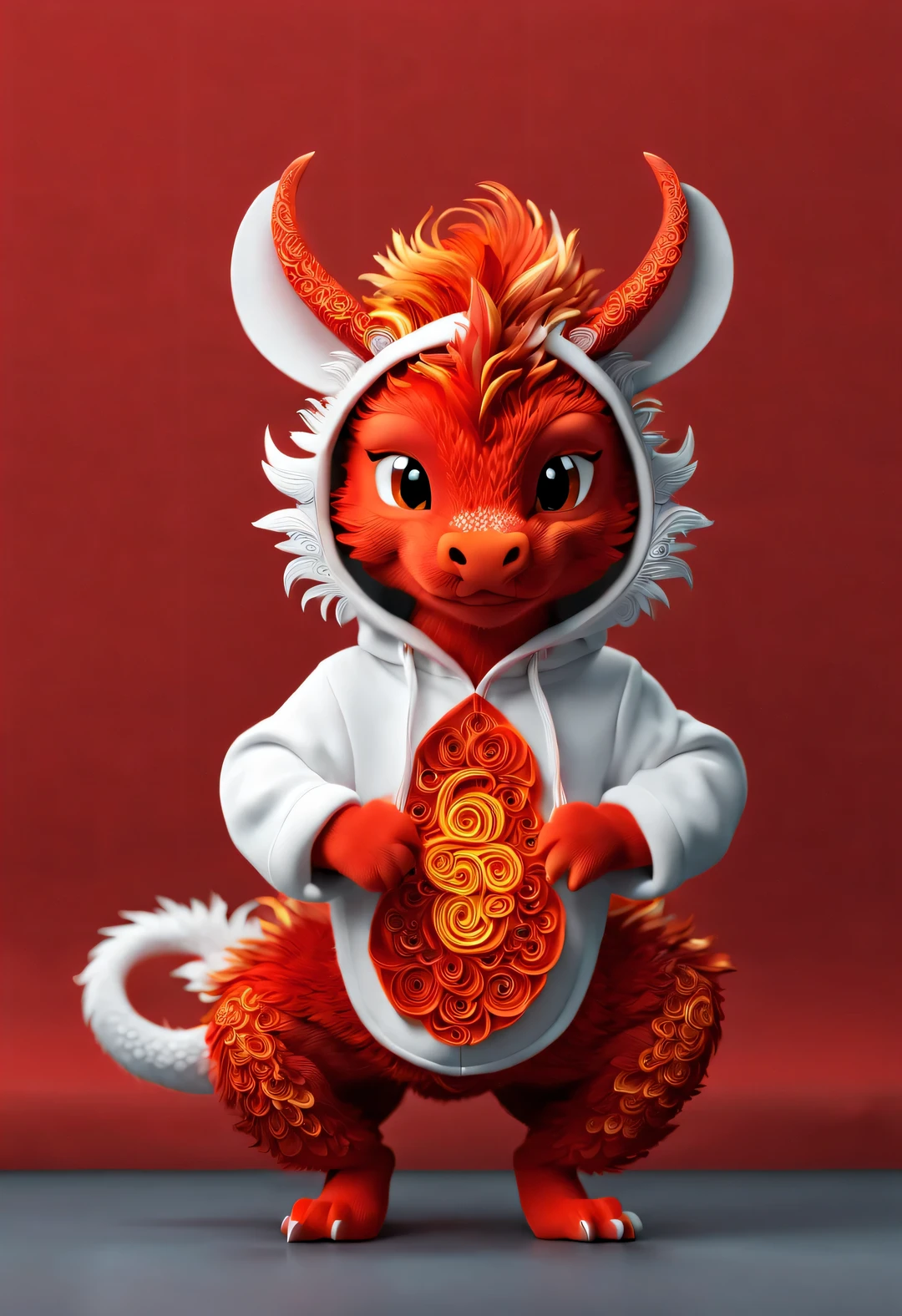 3d rendering, realistic fur, red wallpaper, Simple modern style, beautiful wallpaper, Super skinny naughty red and orange zodiac dragon baby dances playfully, frontal portrait, (looking at camera), Beijing, 🦑 design, (Wearing an embroidered hoodie), (monogrammed hoodie "AI": 1.37),Paper art style, blown glass art style ,