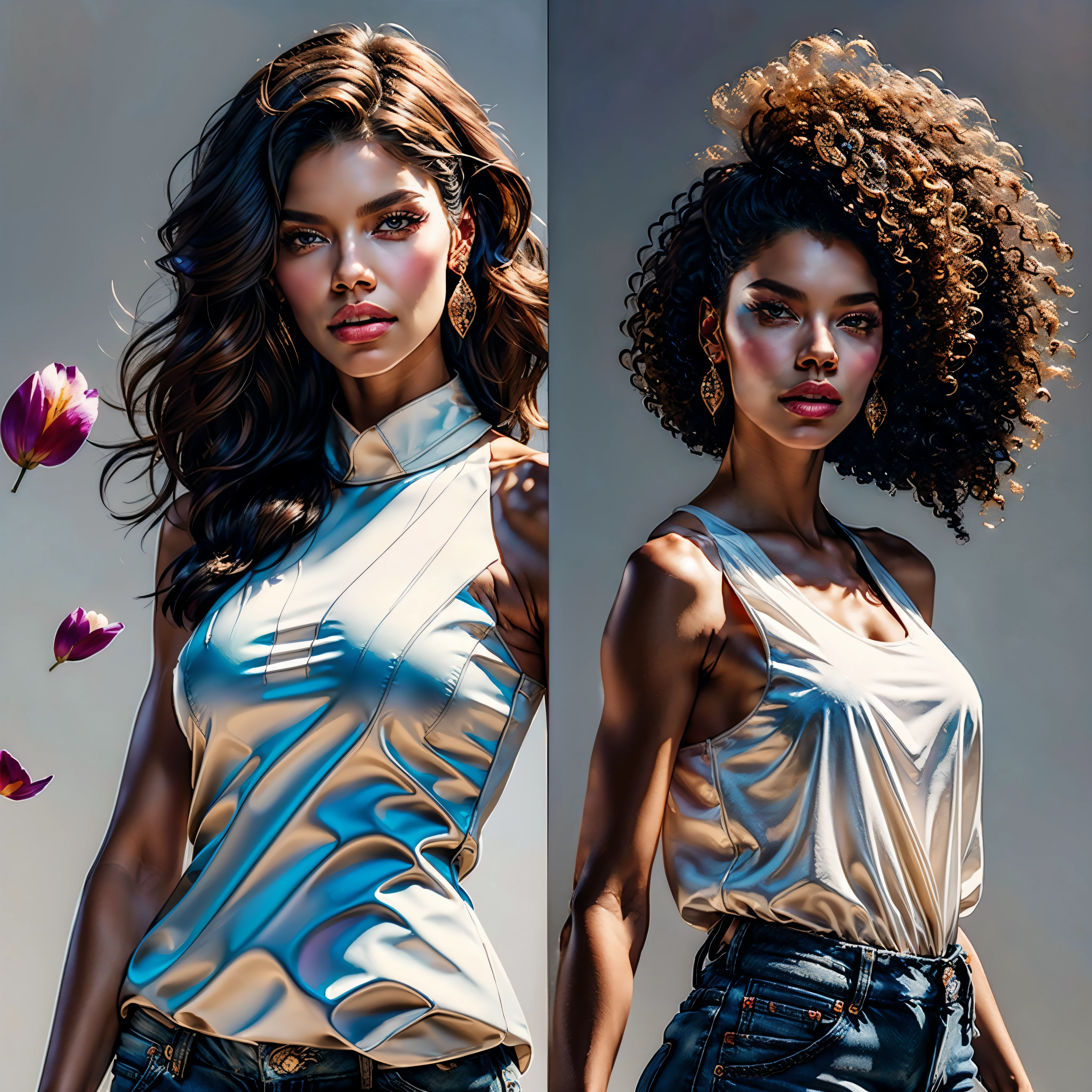 style FANTASTIC::Marc Silvestri ::5.0 COMIX illustration style, Fantastic Paintings--quality ,illustration style, DETAILED ,TATOON STYLE , Adriana Lima ,beautiful woman with long straight haiR ULTRA DETAILED, (beautiful and clear background:1.2), (extremely detailed CG, ultra-detailed, best shadow:1.1), ((depth of field)), ((watercolor)), large breasts(with jeans and a white t-shirt or dress:1.3), bare shoulders, flowers and petals, beautiful concept illustration , (white background:0.5), (illustration :1.1), (extremely fine and beautiful:1.1), (perfect details:1.1) varied multi etc. --v 6 --s 1000 --c 20 --q 20 --chaos 100