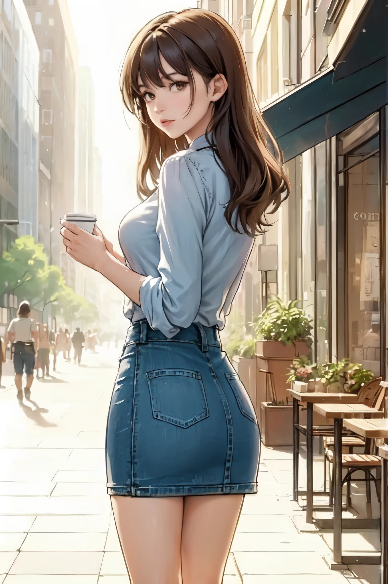 1lady solo, (looking back) (from behind), (strolling through city), (stylish outfit) (denim narrow skirt), mature female, /(dark brown hair/) bangs, cool expression, (masterpiece best quality:1.2) delicate illustration ultra-detailed, large breasts BREAK (holding a coffee cup) BREAK (luxurious downtown street) outdoors, noon, crowded, detailed background