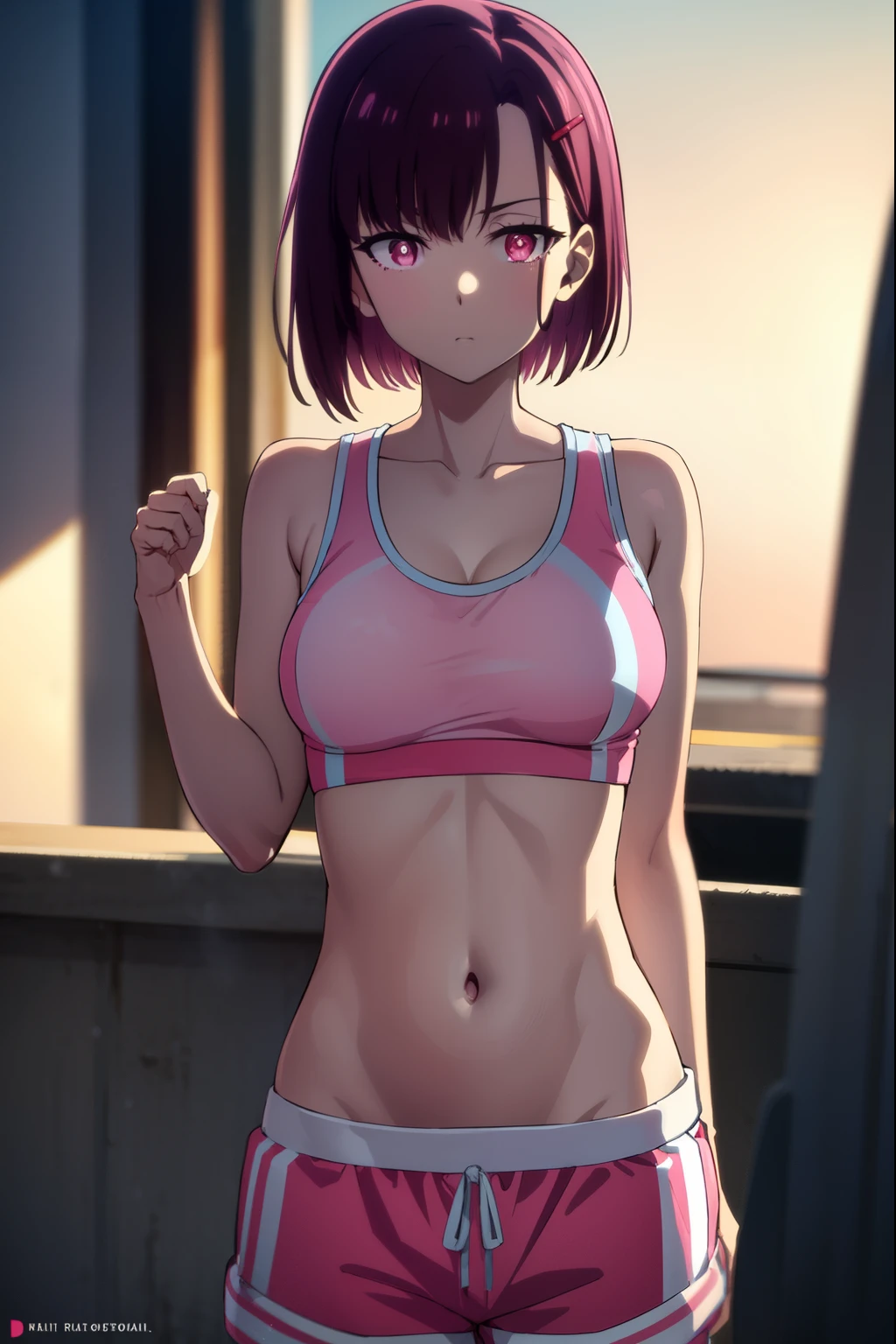 shizukamikazuki, shizuka mikazuki, short hair, purple hair, hair ornament, hairclip, (pink eyes:1.5), swept bangs,
BREAK navel, sports bra, sportswear, shorts, pink shorts,
BREAK looking at viewer,
BREAK outdoors,
BREAK (masterpiece:1.2), best quality, high resolution, unity 8k wallpaper, (illustration:0.8), (beautiful detailed eyes:1.6), extremely detailed face, perfect lighting, extremely detailed CG, (perfect hands, perfect anatomy),