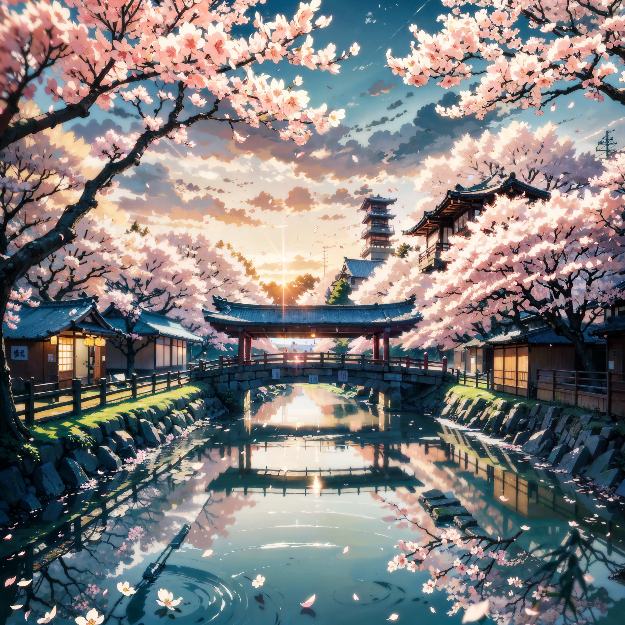 japanese architecture with sakura flower season, From below, Perspective, best quality, at the sunset, a city scape, artist makoto shinkai, water ink art, best quality, masterpiece, realistic, Best quality. No one in sight. Anime. Anime style. lofi. dramatic weather, japan, cherry blossom trees, sun set