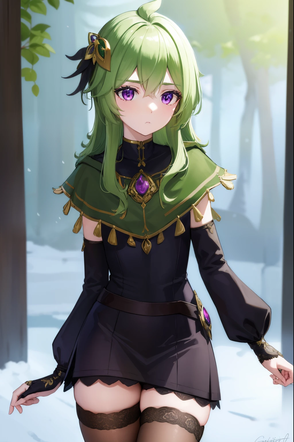 collei, collei, crossed bangs, green hair, hair ornament, medium hair, (purple eyes:1.1), sidelocks,
BREAK black gloves, black skirt, black straps, bridal gauntlets, brown thighhighs, capelet, detached sleeves, gem, gloves, green capelet, green gemstone, jewelry, long sleeves, puffy long sleeves, puffy sleeves, shirt, skirt, sleeveless, sleeveless shirt, thighhighs, zettai ryouiki
BREAK outdoors, nature, forest,
BREAK looking at viewer, (cowboy shot:1.5),
BREAK (masterpiece:1.2), best quality, high resolution, unity 8k wallpaper, (illustration:0.8), (beautiful detailed eyes:1.6), extremely detailed face, perfect lighting, extremely detailed CG, (perfect hands, perfect anatomy),