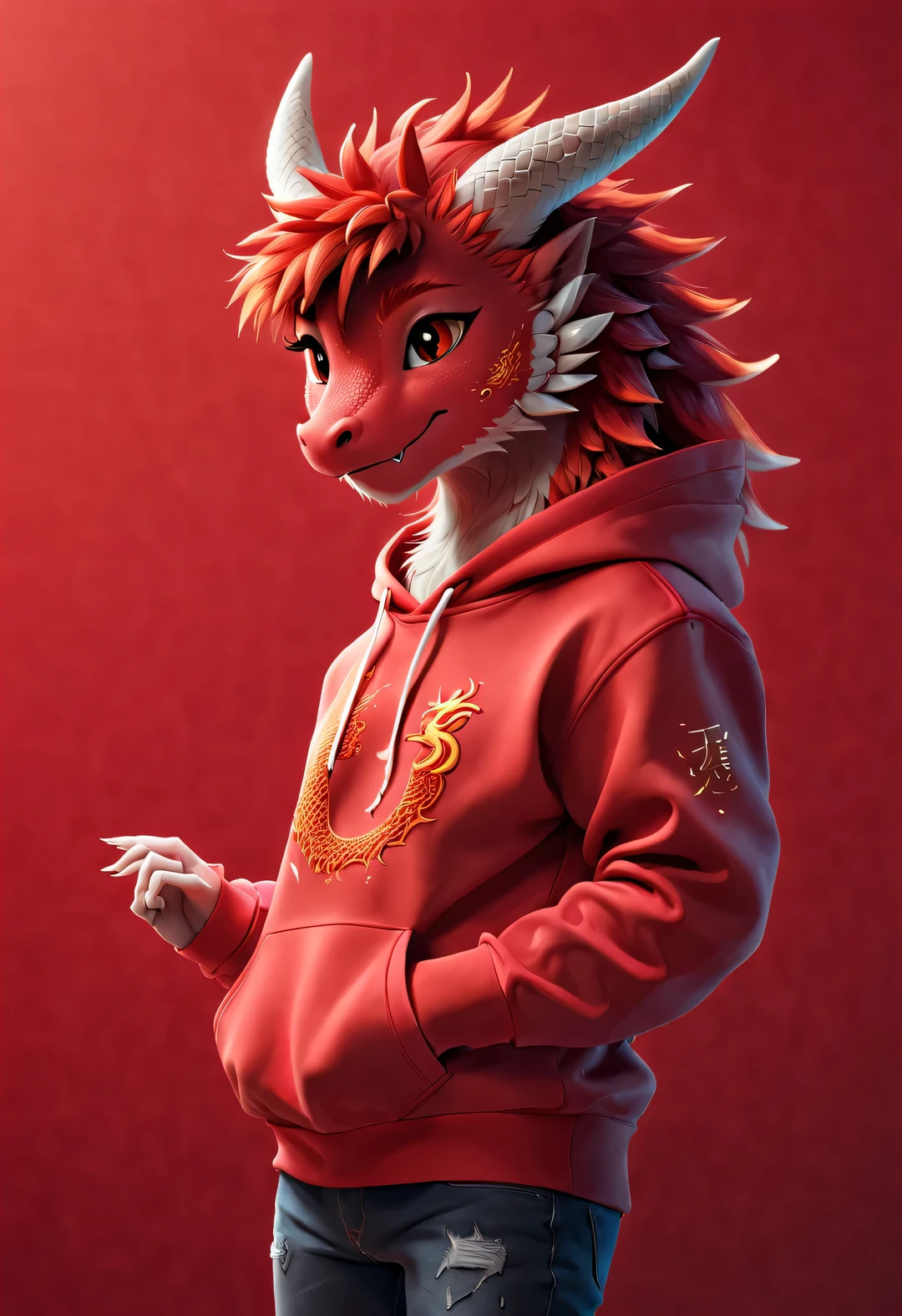 3d rendering, realistic fur, red wallpaper, Simple modern style, beautiful wallpaper, Super skinny naughty red and orange zodiac dragon baby dances playfully, frontal portrait, (looking at camera), Beijing, 🦑   design, (Wearing an embroidered hoodie), (monogrammed hoodie "AI": 1.37), 杂志design风格,