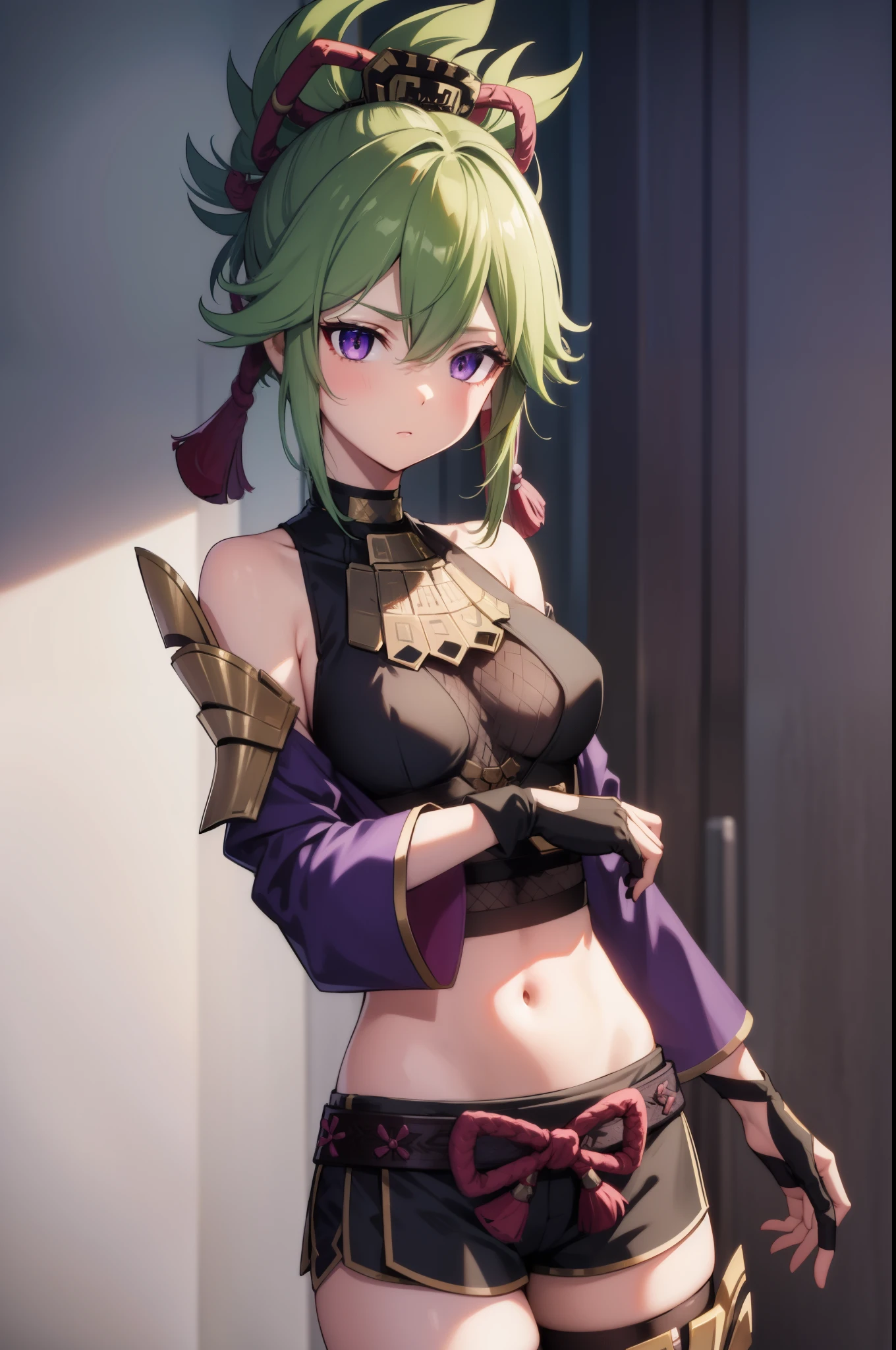 shinobukuki, shinobu kuki, green hair, hair between eyes, ponytail, short hair, (purple eyes:1.1),
BREAK armor, bare shoulders, black gloves, cropped jacket, fishnet top, fishnets, gloves, gold trim, hair ornament, jacket, leg armor, midriff, off shoulder, partially fingerless gloves, purple jacket, shirt, short shorts, shorts, shoulder armor, sleeveless, sleeveless shirt,
BREAK looking at viewer,
BREAK outdoors,
BREAK (masterpiece:1.2), best quality, high resolution, unity 8k wallpaper, (illustration:0.8), (beautiful detailed eyes:1.6), extremely detailed face, perfect lighting, extremely detailed CG, (perfect hands, perfect anatomy),