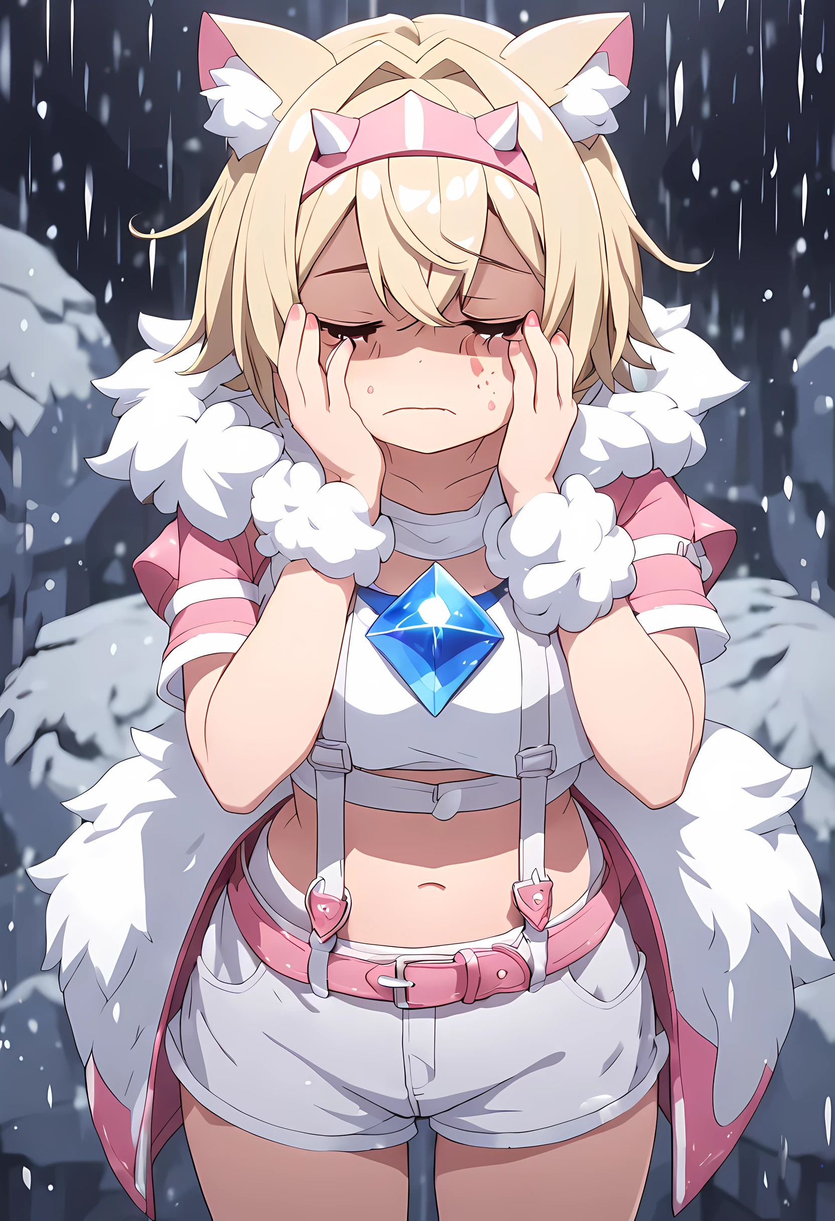 oppai loli, masterpiece, best quality, cowboy shooting, Upper body, Features:Hololive mococo-abyssgard ,Suspender shorts,snowstorm,shadow face,Cover your face,anime face,sneezing