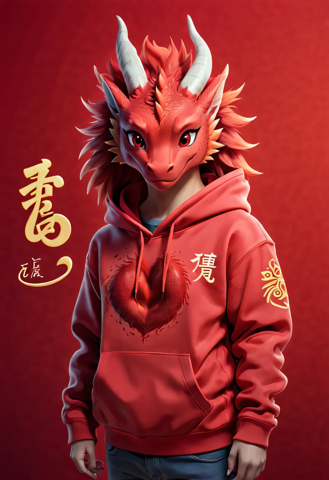 3d rendering, realistic fur, red wallpaper, Simple modern style, beautiful wallpaper, Super skinny naughty red and orange zodiac dragon baby dances playfully, frontal portrait, (looking at camera), Beijing, 🦑 design, (Wearing an embroidered hoodie), (monogrammed hoodie "AI": 1.37), 杂志design风格,