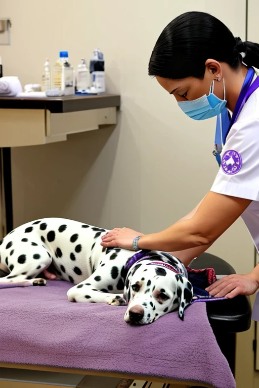 Dalmatian dog with bandana around its neck is lying on a veterinary table Receiving a massage treatment from a female western nurse specializing in dog health setting canine veterinary clinic.