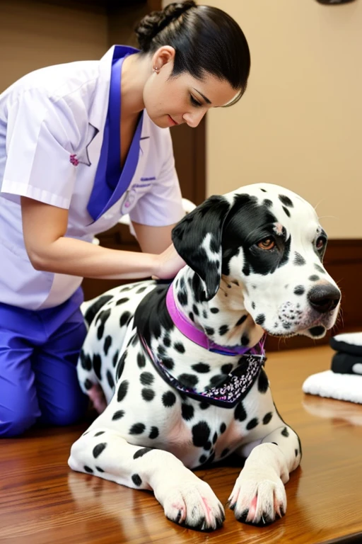 Dalmatian dog with bandana around its neck is lying on a veterinary table Receiving a massage treatment from a female western nurse specializing in dog health setting canine veterinary clinic.