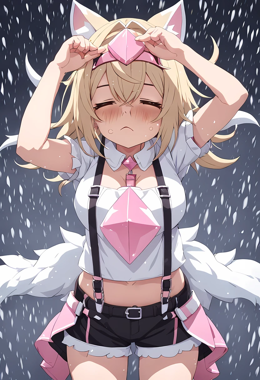 oppai , masterpiece, best quality, cowboy shooting, Upper body, Features:Hololive mococo-abyssgard ,Suspender shorts,snowstorm,shadow face,Cover your face,anime face,sneezing