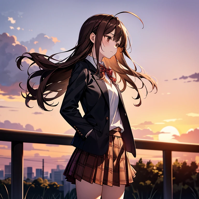 1 girl, solo, hips, skirt, long hair, brown hair, brown eyes, white skirt, casual T-shirt, plaid skirt, sunset, plaid, cloud, outdoors, blazer, pleated skirt, standing, red skirt, black T-shirt, cloudy sky, closed mouth, ahoge, profile, front, horimiya, hori