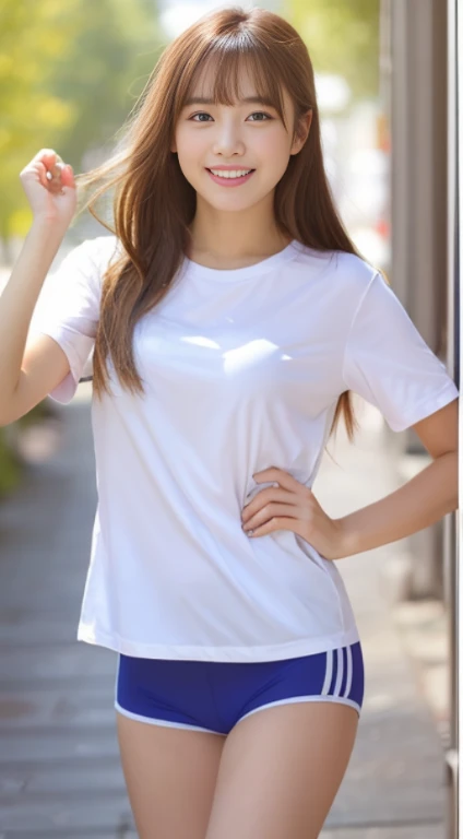 povbreastgrab, solo focus, 1girl, blush, looking at viewer, upper body, smile, bangs, sweat, wearing t-shirt