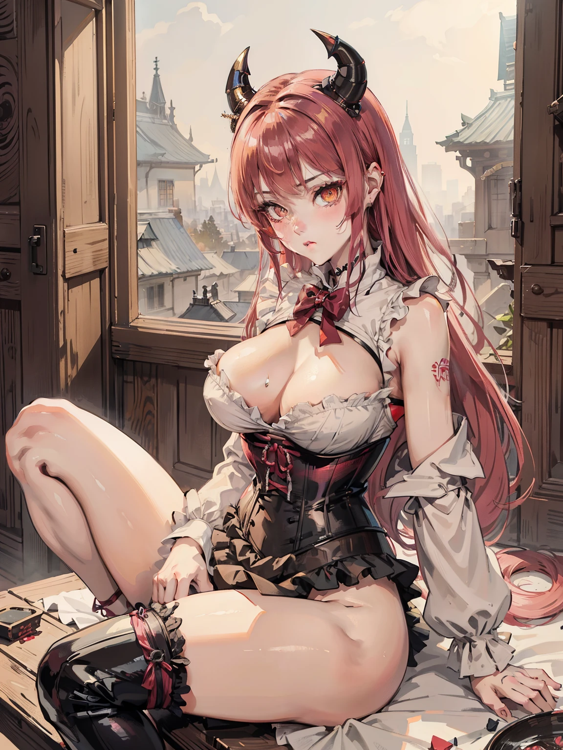 Masterpiece, animerealistic, Top quality, Ultra high definition, Maximum resolution, Very detailed, Professional lighting, kabedon pov, looking up at viewer, smug, glowing eyes, One girl, she’s a female oni, devilish girl, she has light red hair, gothic demoness, Very cute, Sit, Spread your legs, Raise your legs, submissive , long hair, Hairpin, a corset top, gothic lingerie, accentuated breasts, sweat, yellow eyes, beautiful eyes, wearing mascara, Blush,
