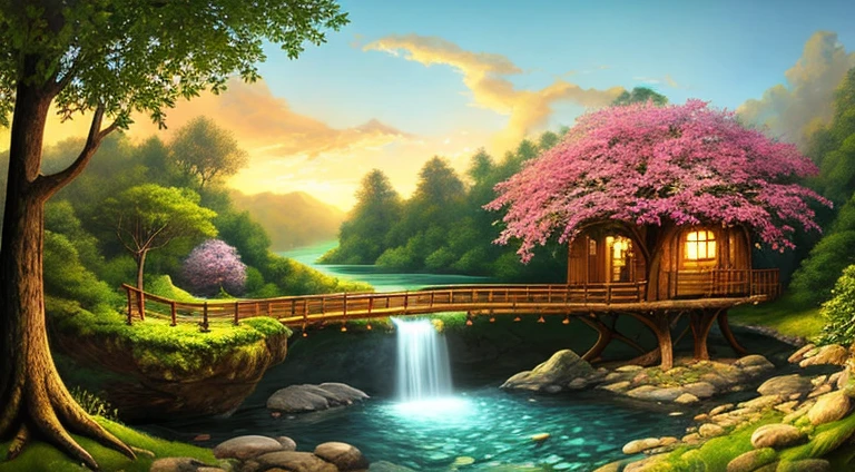Best quality, masterpieces, Beautiful wild and natural fantasy landscapes with glowing lights, Clear spring waterfalls, Tree houses, Way, bridges, Glowing fruits on trees