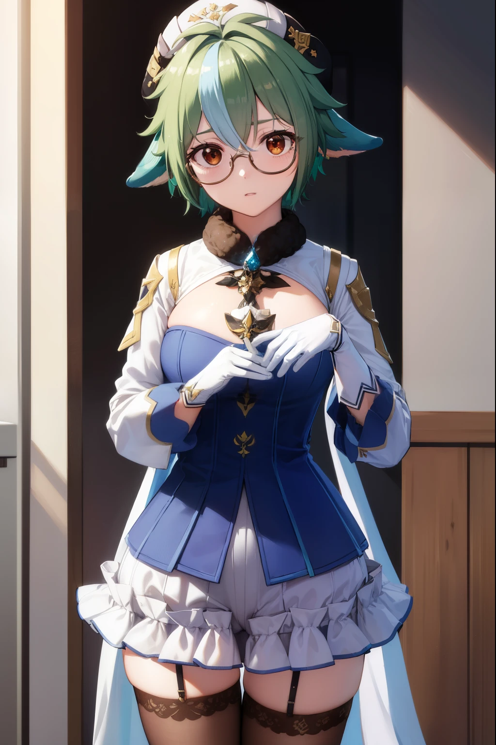 sucrose, sucrose, ahoge, animal ears, (brown eyes:1.5), glasses, gradient hair, hair between eyes, messy hair, multicolored hair, semi-rimless eyewear, short hair, green hair, embarrassed,
BREAK frills, fur collar, gem, gloves, green thighhighs, long sleeves, thighhighs, white headwear, zettai ryouiki, skirt, blue skirt,
BREAK indoors, laboratory,
BREAK looking at viewer, (cowboy shot:1.5),
BREAK (masterpiece:1.2), best quality, high resolution, unity 8k wallpaper, (illustration:0.8), (beautiful detailed eyes:1.6), extremely detailed face, perfect lighting, extremely detailed CG, (perfect hands, perfect anatomy),