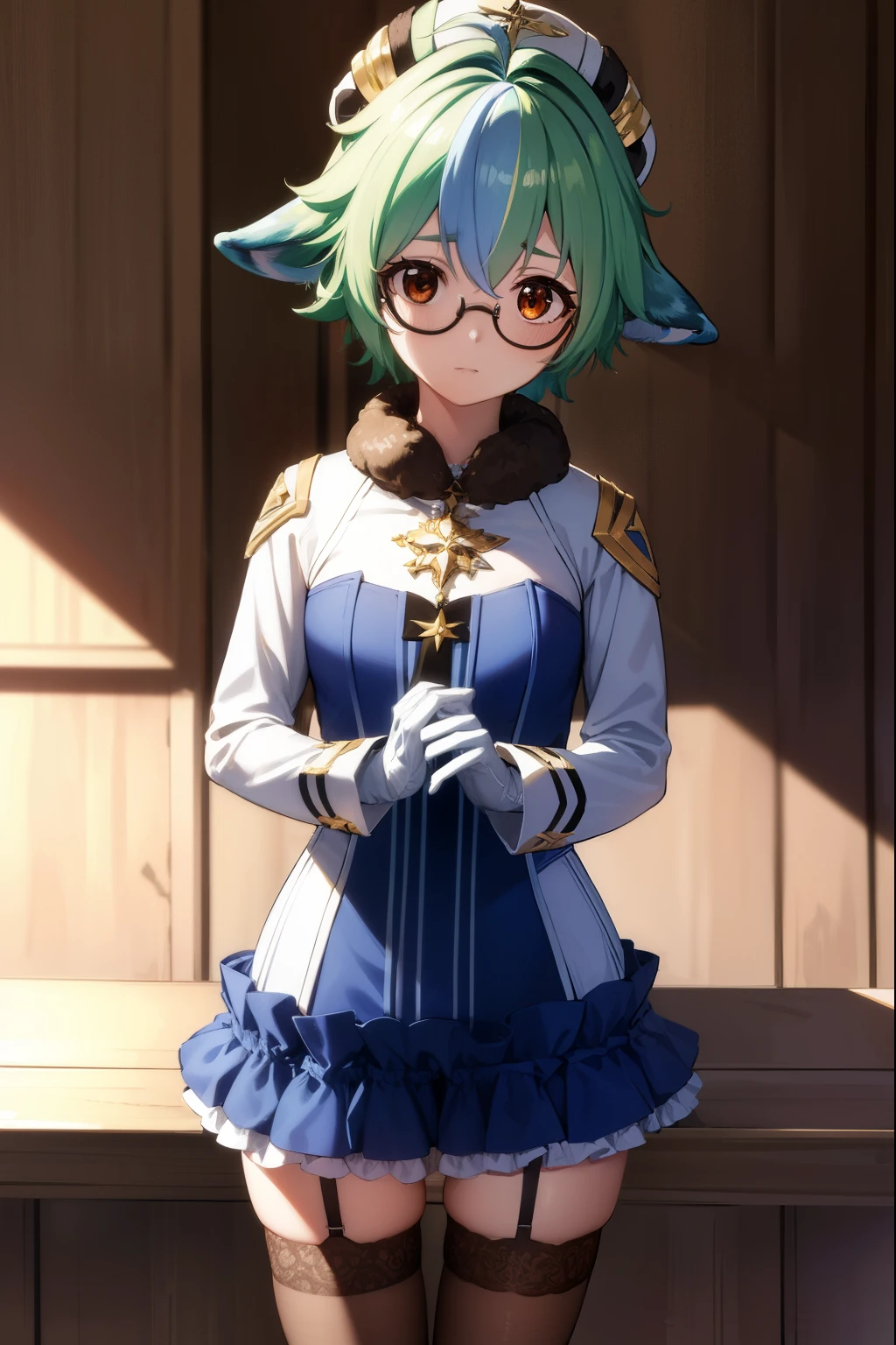 sucrose, sucrose, ahoge, animal ears, (brown eyes:1.5), glasses, gradient hair, hair between eyes, messy hair, multicolored hair, semi-rimless eyewear, short hair, green hair, embarrassed,
BREAK frills, fur collar, gem, gloves, green thighhighs, long sleeves, thighhighs, white headwear, zettai ryouiki, skirt, blue skirt,
BREAK indoors, laboratory,
BREAK looking at viewer, (cowboy shot:1.5),
BREAK (masterpiece:1.2), best quality, high resolution, unity 8k wallpaper, (illustration:0.8), (beautiful detailed eyes:1.6), extremely detailed face, perfect lighting, extremely detailed CG, (perfect hands, perfect anatomy),