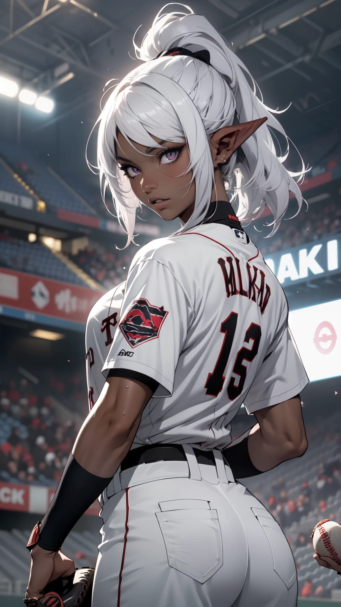 ((masterpiece)), (top quality), (best quality), ((ultra-detailed, 8k quality)), Cinematic lighting, soft semi-backlit light, (detailed line art), absurdres, (best composition), (high-resolution), Aesthetics,
BREAK,
(baseball ground:1.4), (greyscale background:1.1), (baseball uniforms, long pants:1.2), (baseball glove and ball:1.3), playing, (dark elf), ((adult girl)), dynamic angle, sweat, sparkling, action-lines, motion-blur, wind-effect, dust-effect,cinematic dramatic atmosphere, atmospheric perspective,
BREAK,
highly detailed of ((dark elf:1.4)), (1girl), solo, perfect face, details eye, ahoge, ponytail, white shining hair, (forehead), medium hair, [[floating hair]], violet eyes, shining eyes, (beautiful detailed eyelashes, eyeshadow, pink eyeshadow), Concept art by Mikimoto Haruhiko, by Kawacy, By Yoshitaka Amano,
BREAK, 
((perfect anatomy)), (perfect body), Abs, (medium breast), perfect hands, perfect face, beautiful face, beautiful eyes, perfect eyes, (perfect fingers, deatailed fingers), correct anatomy, perfect legs, skinny, ((dark skin:1.2)),
