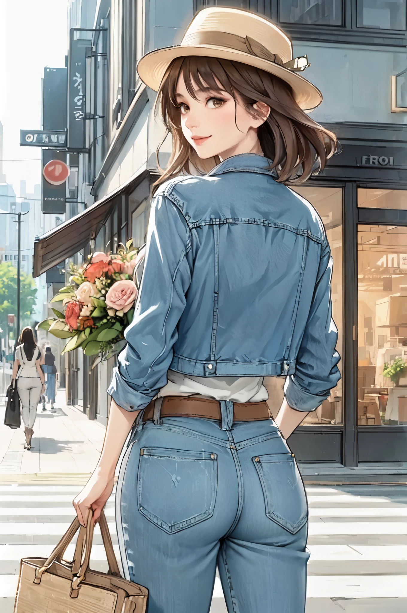 1lady solo, (looking back) (from behind), (strolling through city), (stylish outfit) (denim pants), mature female, /(brown hair/) bangs, light smile, (masterpiece best quality:1.2) delicate illustration ultra-detailed, large breasts BREAK (holding a designer's bag) (holding bouquet) BREAK (luxurious downtown street) outdoors, noon, crowded, detailed background