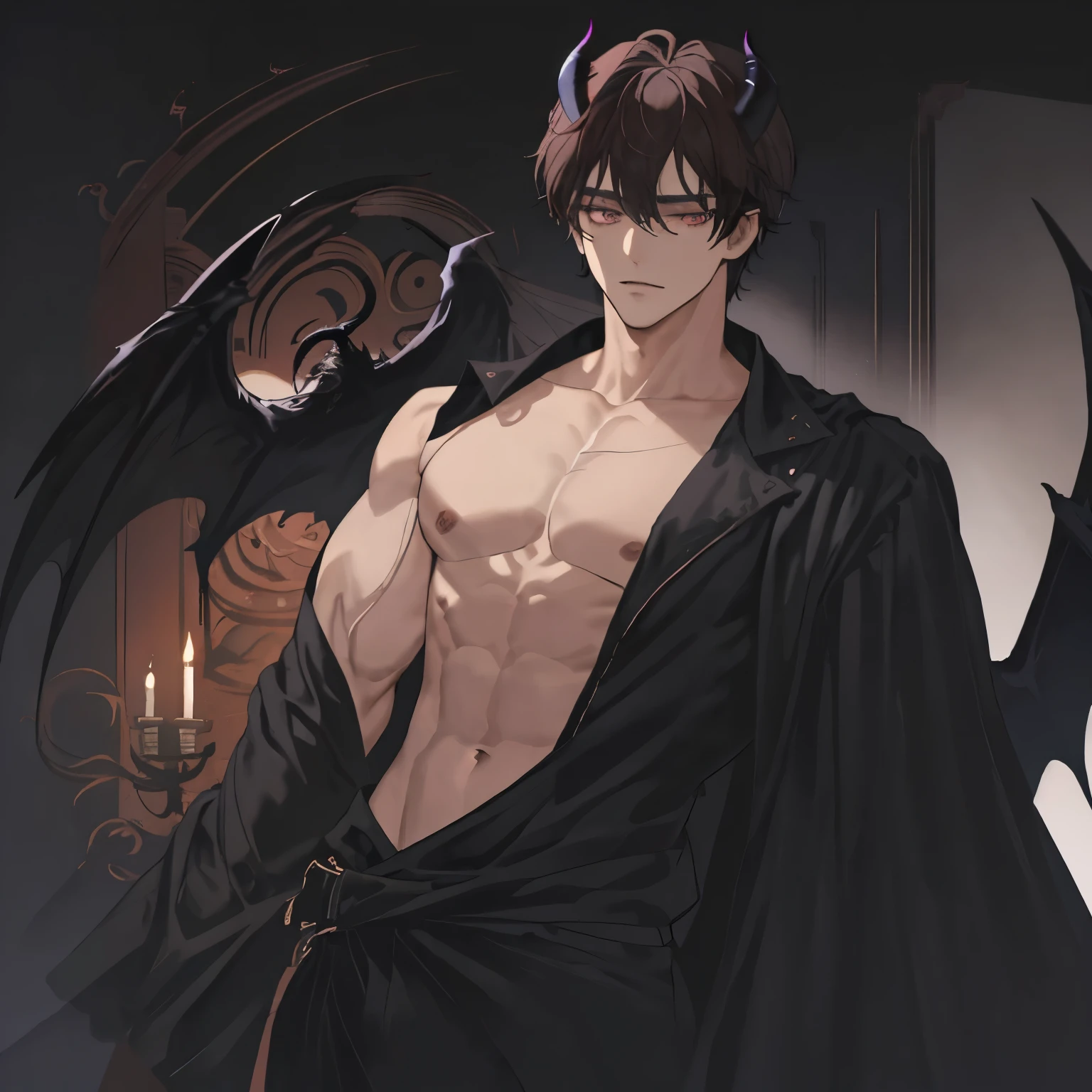 masterpiece, house, dark, anime man, attractive, satan, muscles, (blacked out eyes), short dark brown wavy hair, middle part, black horns, shirtless, black cloth draped over his midsection, beautiful, wings, handsome