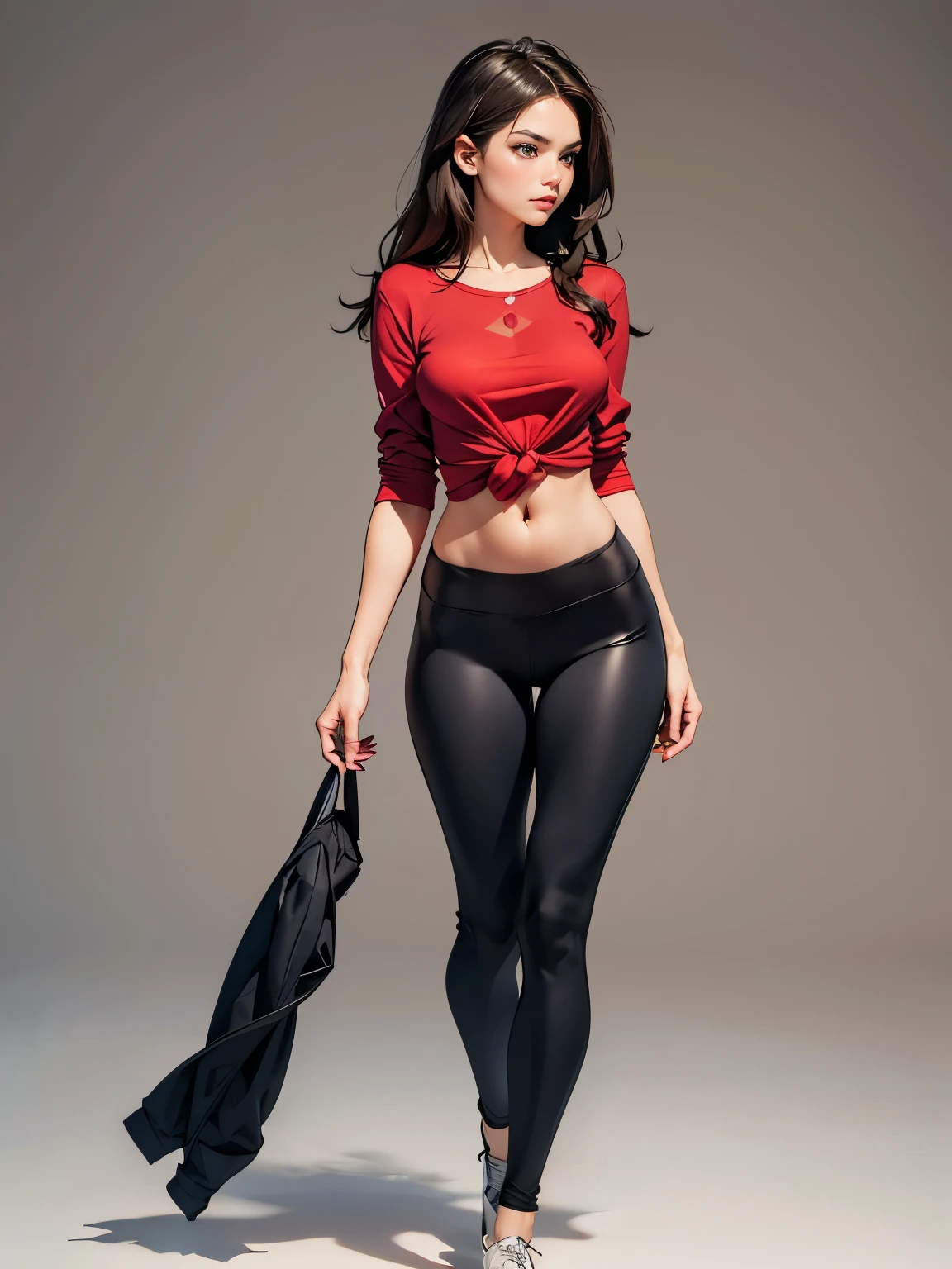 (((HD photo))), ultra high res.photorealistic:. 1.4, UHD, masterpiece, trending on artstation, front profile shot, full body photo, portrait, pretty, cute girl, most beautiful in the world, soft, delicate, long dark hair, wearing shirt, yoga pants, large breasts, slim body, perfect hips, perfect figure, sunkissed, (minimal background)