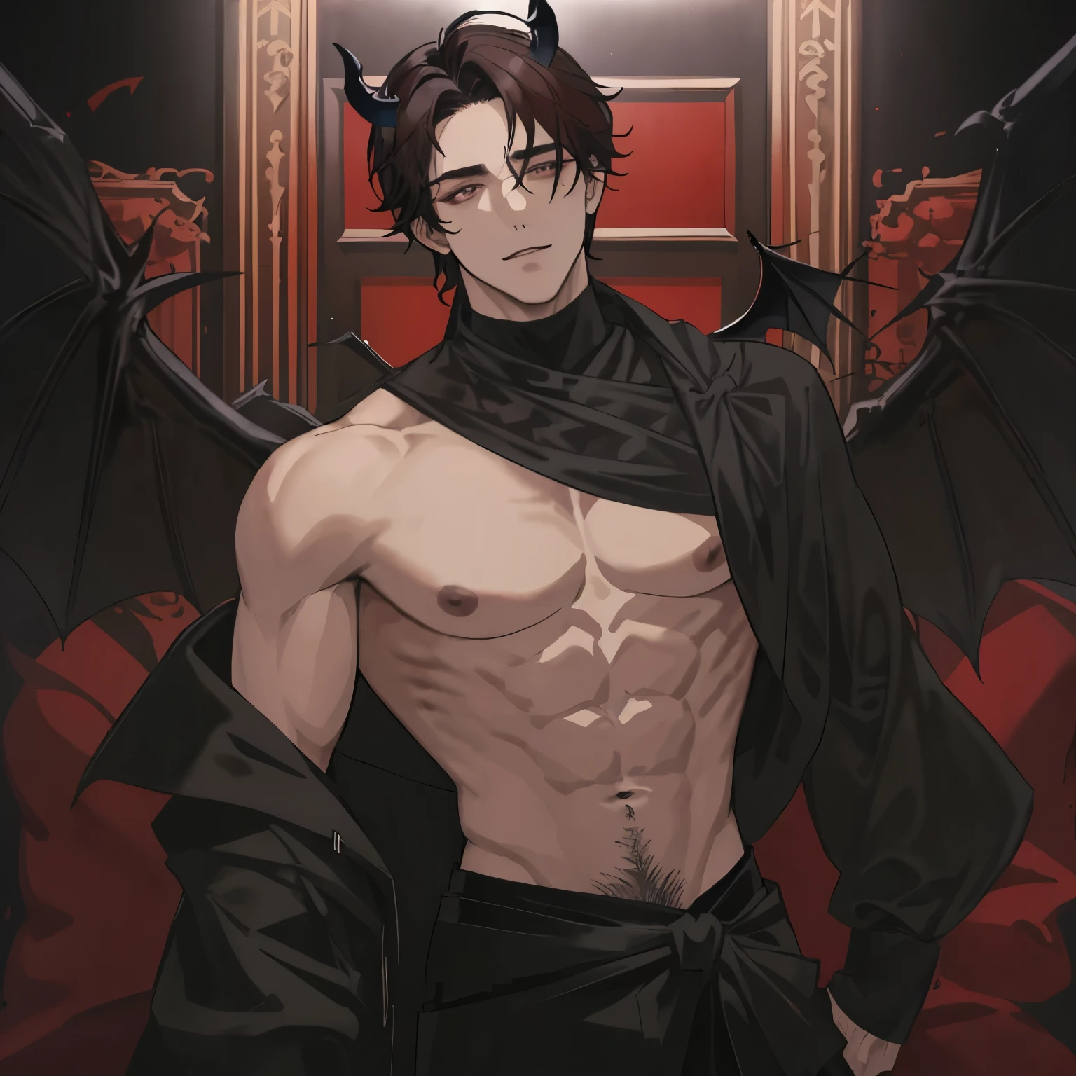 masterpiece, house, dark, anime man, attractive, satan, muscles, (blacked out eyes), short dark brown wavy hair, middle part, black horns, shirtless, black cloth draped over his midsection, beautiful, wings, handsome