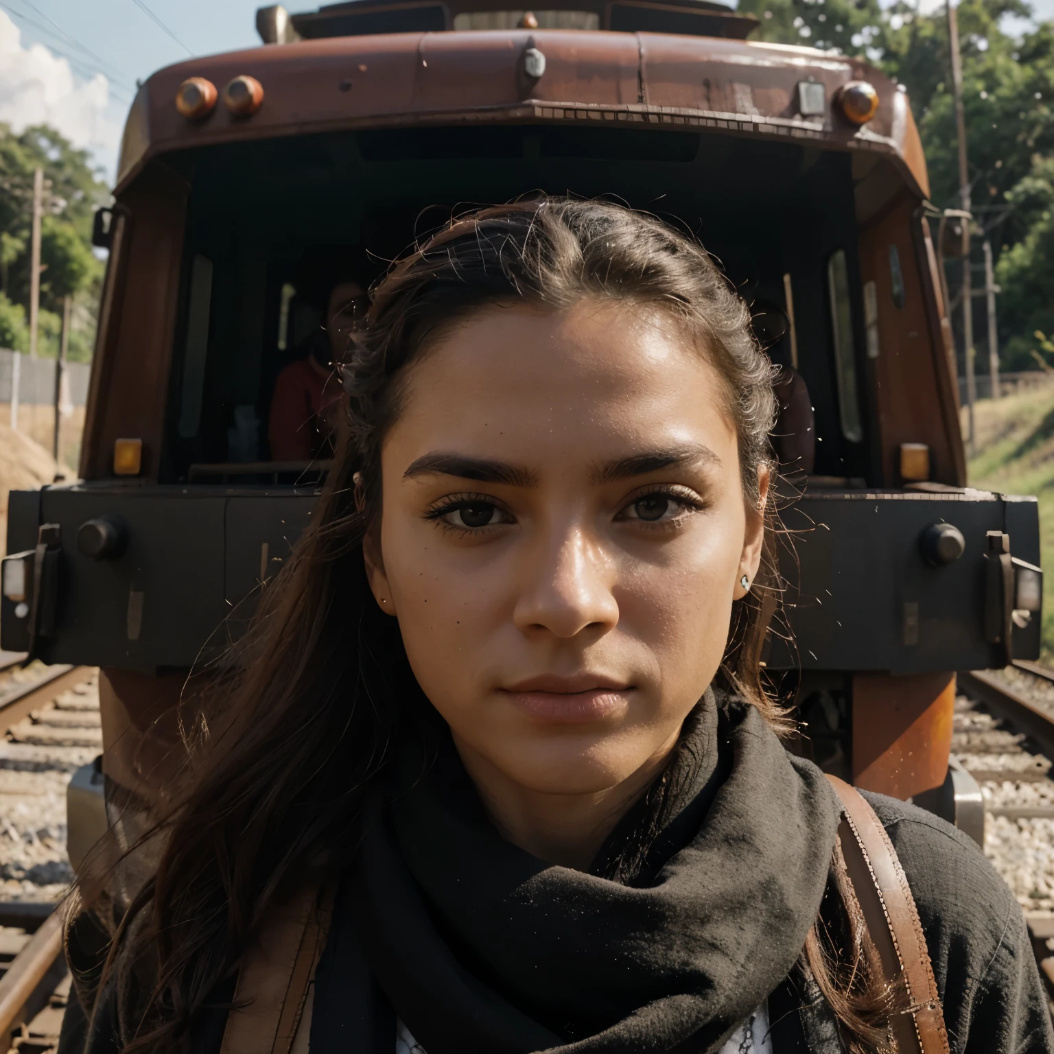 The composition of the scene should show the driver standing next to the locomotive, with a determined expression on his face. O trem deve emergir de seu peito, as if it were an extension of his own body. O ambiente deve ser sombrio e misterioso, with the sunlight casting elongated shadows over the railway track.
A qualidade da imagem deve ser excepcional, com texturas realistas e detalhes intrincados. The style of the image should evoke a feeling of power and strength, suggesting that the driver has a unique connection to the machine.
Image resolution must be 4K, with aspect ratio of 16:9. A paleta de cores deve ser limitada a tons escuros, com toques de vermelho para destacar o trem e o peito do maquinista.