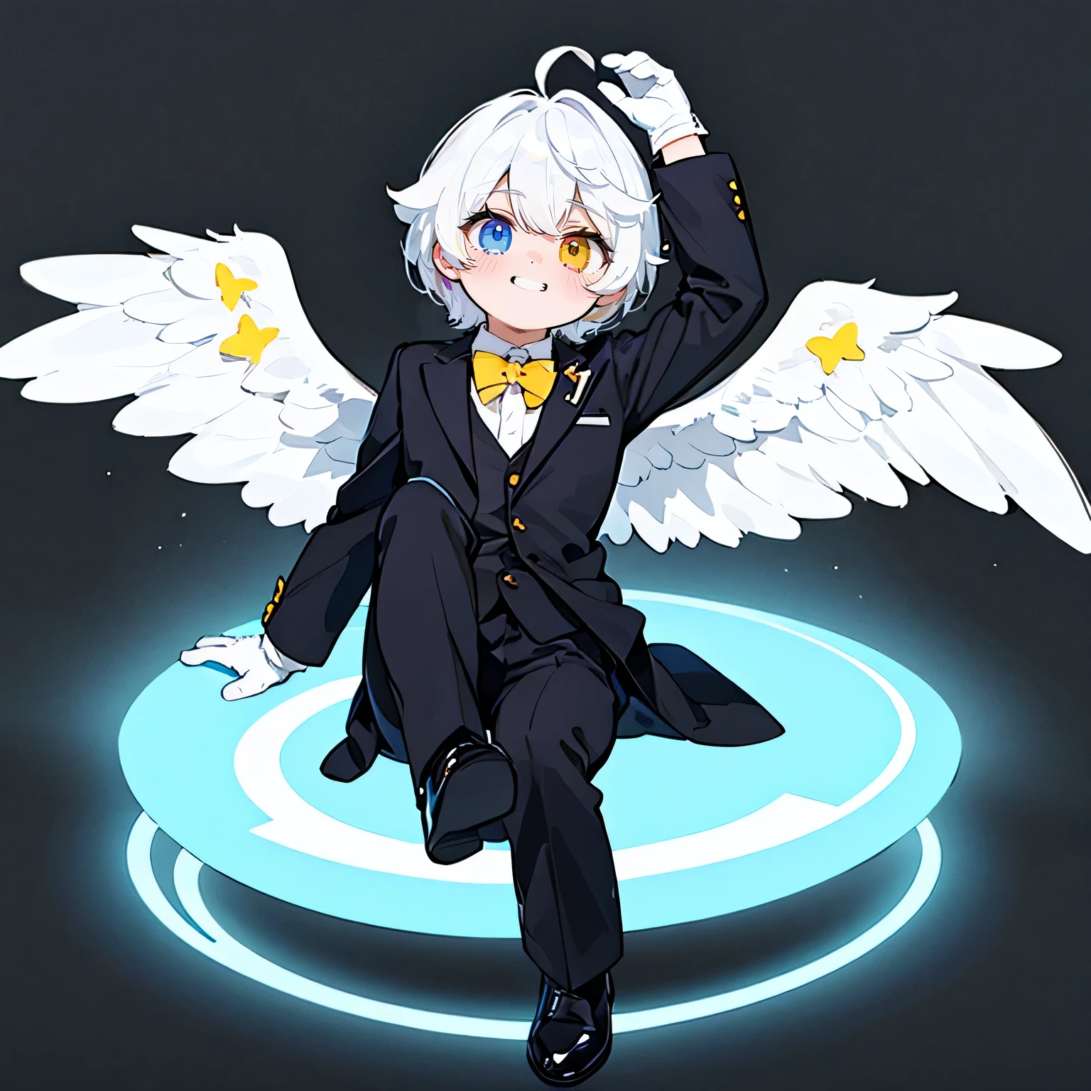 alone, (1 boy), super detailed, (simple background), ((sky background)), flat color. professional quality, highest quality, table top, (((whole body))), (black business suit), (long black trousers), (white gloves), (gray hair), 8K, sitting. (dealer), ((heterochromia, yellow eye, light blue eyes)), (Ahoge), grin, (White Angel Wings)