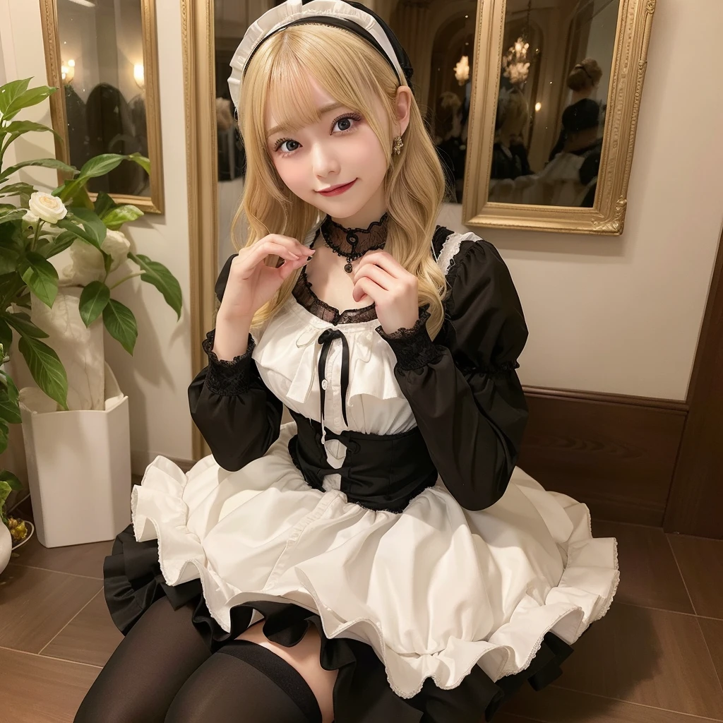 masterpiece, best quality, doamarie, twintails, x hair ornament, hair ribbon, choker, harness, black skirt, black dress, detached sleeves, black sleeves, frills, looking at viewer, smile, platform boots, sitting, table, chair, mansion, teapot, cake