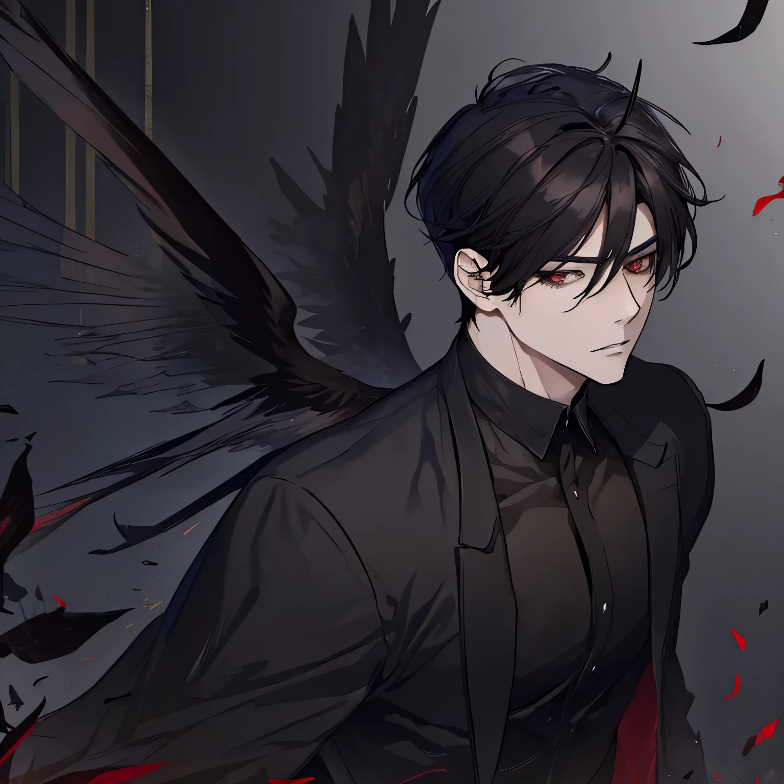 masterpiece, house, dark, anime man, attractive, satan, muscles, (blacked out eyes), ((short dark brown wavy hair)), middle part, black horns, shirtless, black cloth draped over his midsection, beautiful, wings, handsome