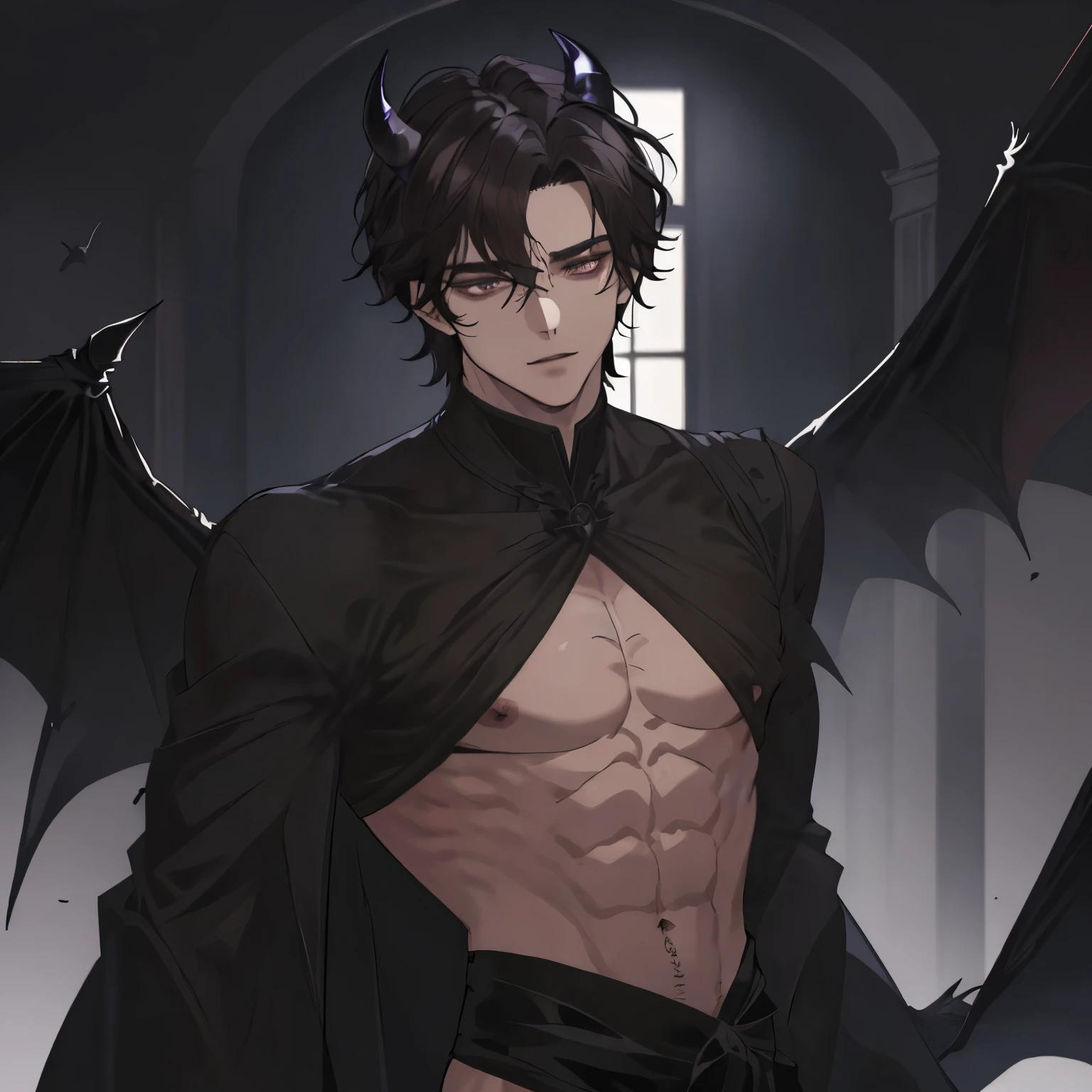 masterpiece, house, dark, anime man, attractive, satan, muscles, (blacked out eyes), short dark brown wavy hair, middle part, black horns, shirtless, black cloth draped over his midsection, beautiful, wings, handsome