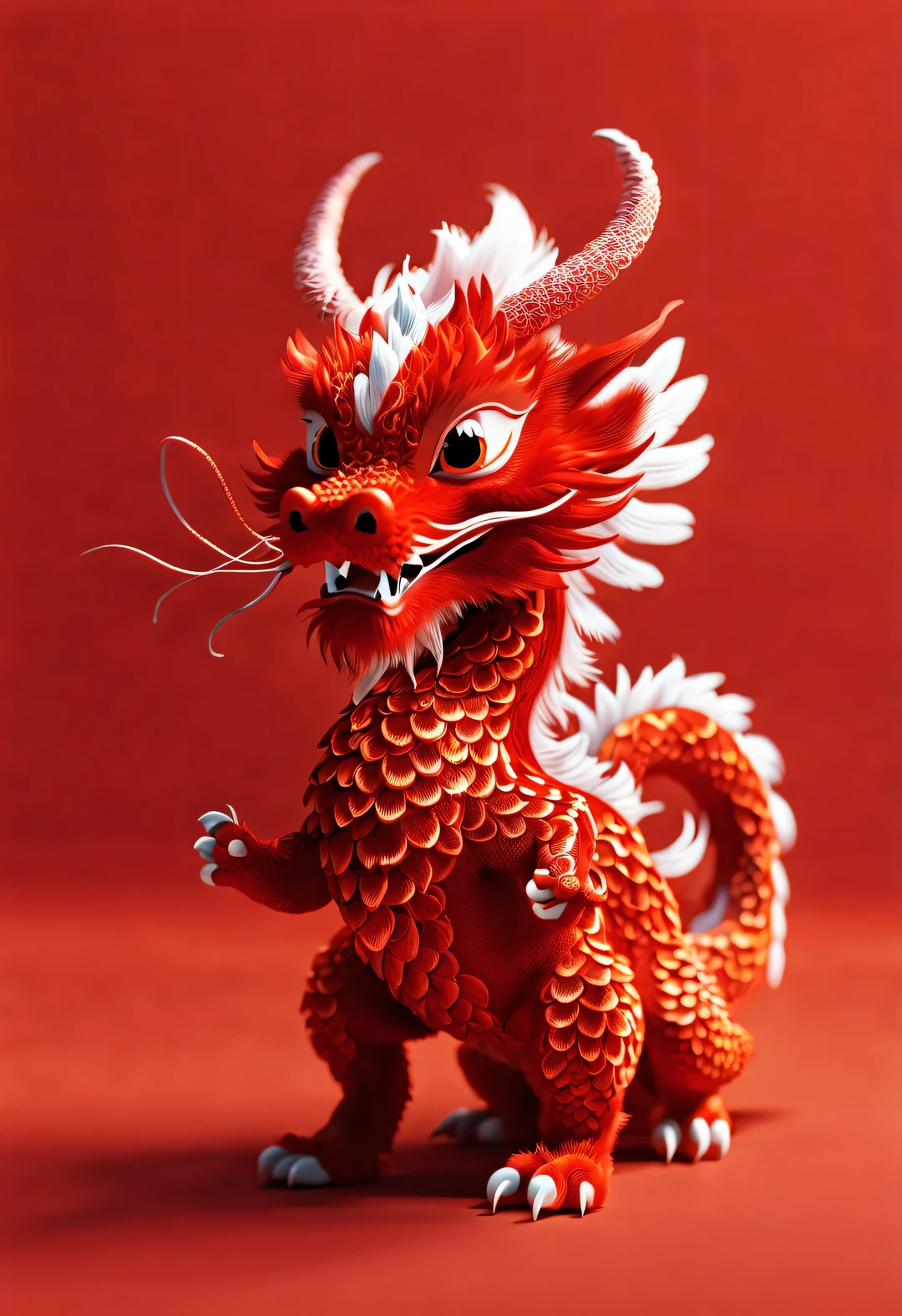 3d rendering, realistic fur, red wallpaper, Simple modern style, beautiful wallpaper, Super skinny naughty red and orange zodiac dragon baby dances playfully, frontal portrait, (There are many clear and symmetrical dragon whiskers: 0.65), (looking at camera), Beijing, 🦑   design, Wearing a monogrammed embroidered hoodie "AI" printed on it: 1.37, Background with red embroidered auspicious cloud texture, Viewed from an elevation angle, lower to up shoot,