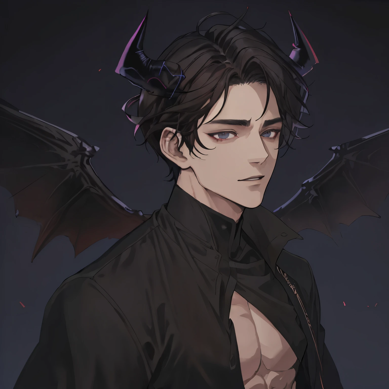 masterpiece, house, dark, anime man, attractive, satan, muscles, (blacked out eyes), short dark brown wavy hair, middle part, black horns, shirtless, black cloth draped over his midsection, beautiful, wings, handsome