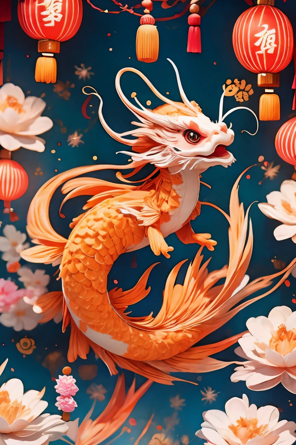 Koi fish surround cute chinese dragon, （（（Eyes are very delicate）））fireworks background，Chinese new year decoration，（（（four red lanterns）））（（（masterpiece）））， （（best quality））， （（intricate details））（8k）