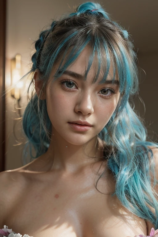(masterpiece), (best quality), (ultra detailed),(disheveled hair),(illustration), (1girl), (Fashionable clothing), standing, Fashion model, looking at viewer, (interview), ( background),beautiful detailed eyes, delicate beautiful face, Floating,(high saturation),(colorful splashes),colorful bubble,(shining), focus on face,  ponytail, kamisato ayaka, light blue hair, bangs, hair ring, floating flowers, floating hairs, (shining), best lighting, best shadow, naked