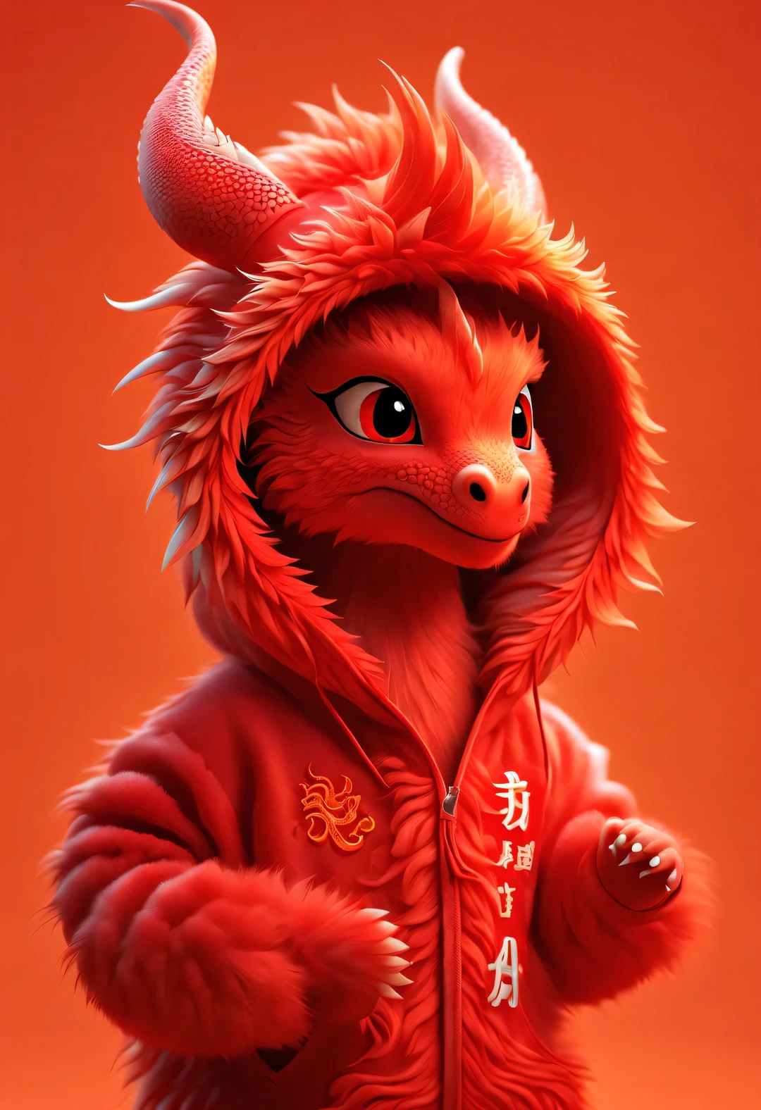 3d rendering, realistic fur, red wallpaper, Simple modern style, beautiful wallpaper, Super skinny naughty red and orange zodiac dragon baby dances playfully, frontal portrait, (looking at camera), Beijing, 🦑   design, (Wearing an embroidered hoodie), (monogrammed hoodie "AI": 1.37), 杂志design风格,