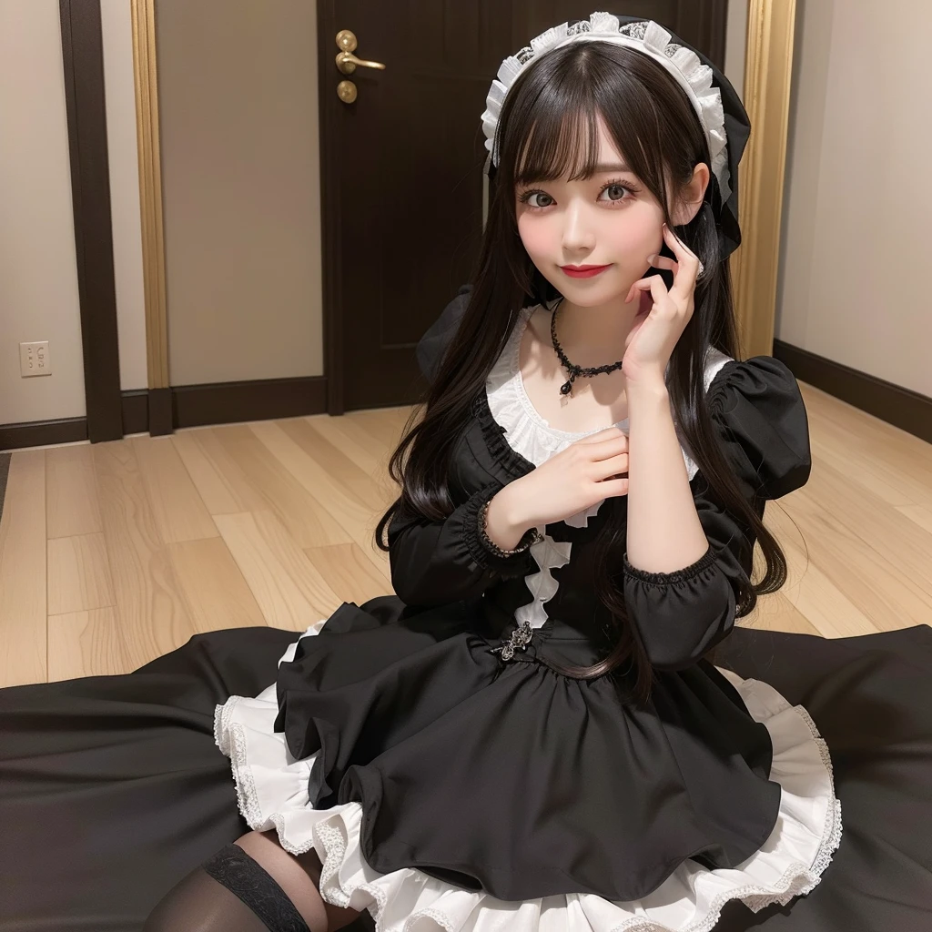 Super high quality, super high definition, super detailed, masterpiece, 25 years old, female, cute, nice body, gothic lolita clothes, gothic lolita fashion, frilly skirt, headdress, necklace, bracelet, knee-high socks, boots, double eyelids, tear bags, Detailed down to the fingers, photo-like description, indoors, dim indoor lighting, black hair, semi long, standing, whole body, composition that shows the whole body, smiling