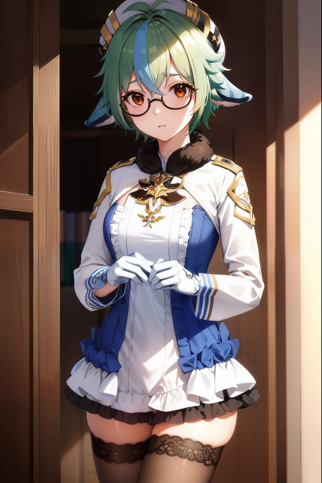 sucrose, sucrose, ahoge, animal ears, (brown eyes:1.5), glasses, gradient hair, hair between eyes, messy hair, multicolored hair, semi-rimless eyewear, short hair, green hair, embarrassed,
BREAK frills, fur collar, gem, gloves, green thighhighs, long sleeves, thighhighs, white headwear, zettai ryouiki, skirt, blue skirt,
BREAK indoors, laboratory,
BREAK looking at viewer, (cowboy shot:1.5),
BREAK (masterpiece:1.2), best quality, high resolution, unity 8k wallpaper, (illustration:0.8), (beautiful detailed eyes:1.6), extremely detailed face, perfect lighting, extremely detailed CG, (perfect hands, perfect anatomy),