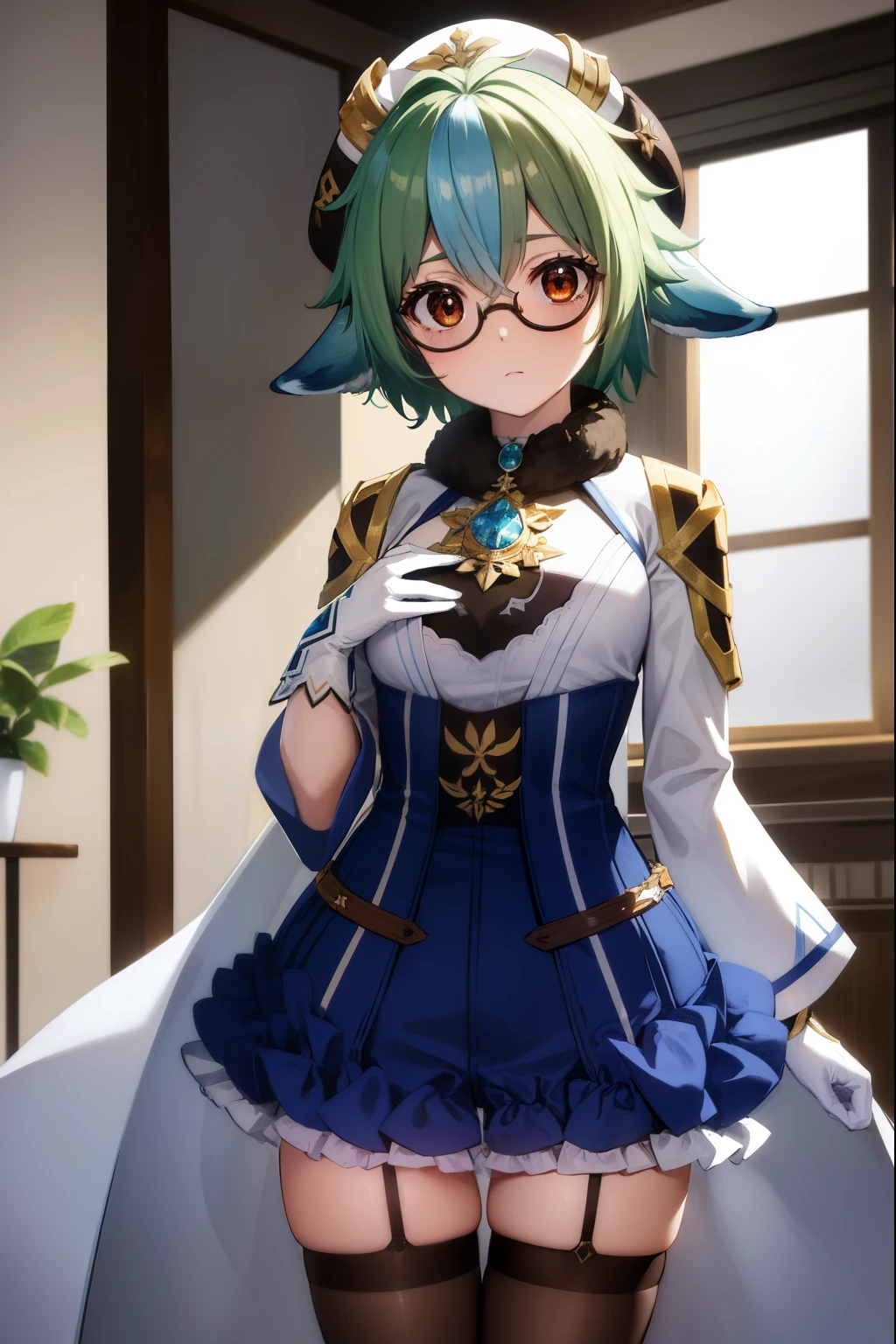 sucrose, sucrose, ahoge, animal ears, (brown eyes:1.5), glasses, gradient hair, hair between eyes, messy hair, multicolored hair, semi-rimless eyewear, short hair, green hair, embarrassed,
BREAK frills, fur collar, gem, gloves, green thighhighs, long sleeves, thighhighs, white headwear, zettai ryouiki, skirt, blue skirt,
BREAK indoors, laboratory,
BREAK looking at viewer, (cowboy shot:1.5),
BREAK (masterpiece:1.2), best quality, high resolution, unity 8k wallpaper, (illustration:0.8), (beautiful detailed eyes:1.6), extremely detailed face, perfect lighting, extremely detailed CG, (perfect hands, perfect anatomy),