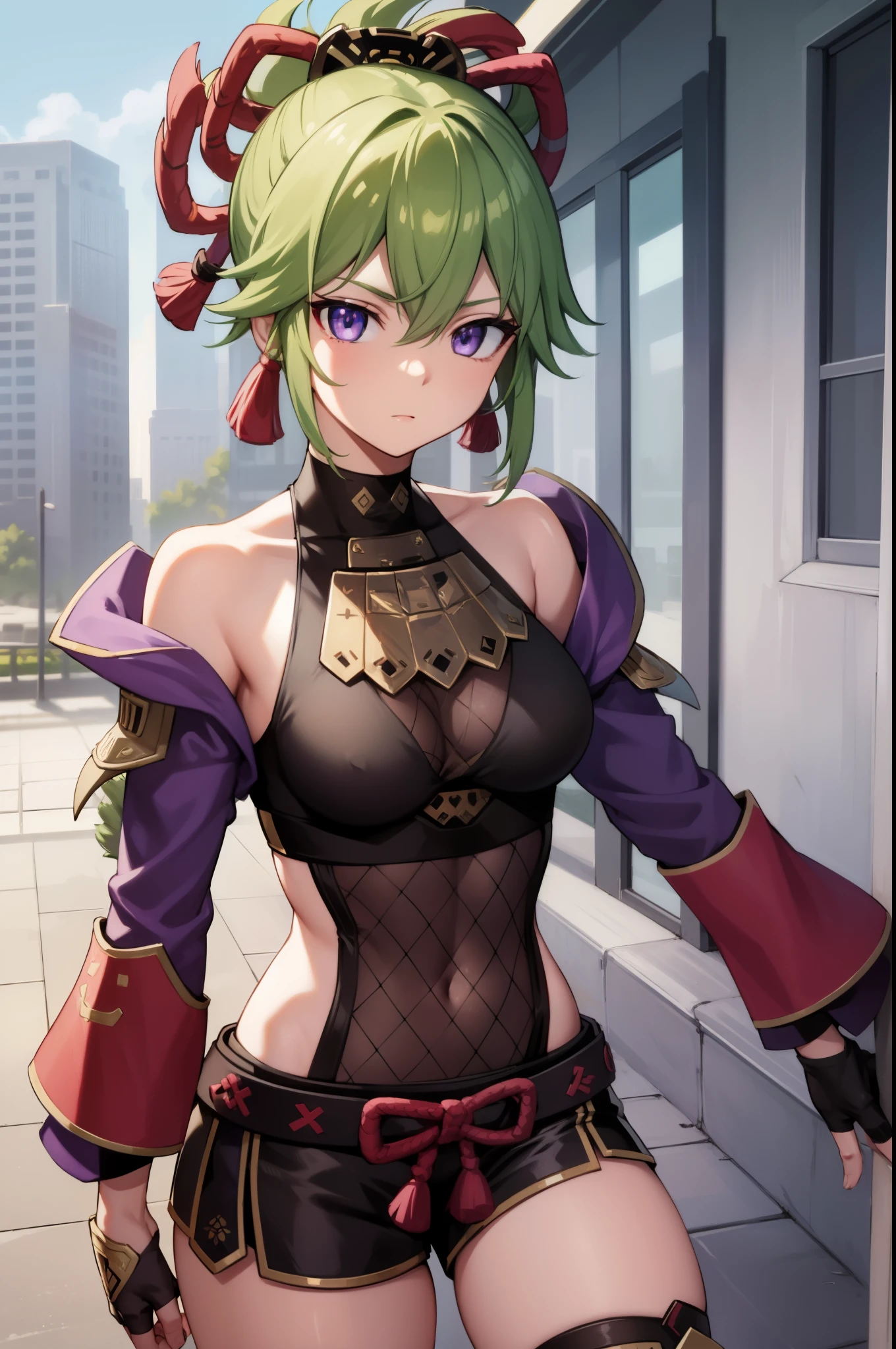 shinobukuki, shinobu kuki, green hair, hair between eyes, ponytail, short hair, (purple eyes:1.1),
BREAK armor, bare shoulders, black gloves, cropped jacket, fishnet top, fishnets, gloves, gold trim, hair ornament, jacket, leg armor, midriff, off shoulder, partially fingerless gloves, purple jacket, shirt, short shorts, shorts, shoulder armor, sleeveless, sleeveless shirt,
BREAK looking at viewer,
BREAK outdoors,
BREAK (masterpiece:1.2), best quality, high resolution, unity 8k wallpaper, (illustration:0.8), (beautiful detailed eyes:1.6), extremely detailed face, perfect lighting, extremely detailed CG, (perfect hands, perfect anatomy),