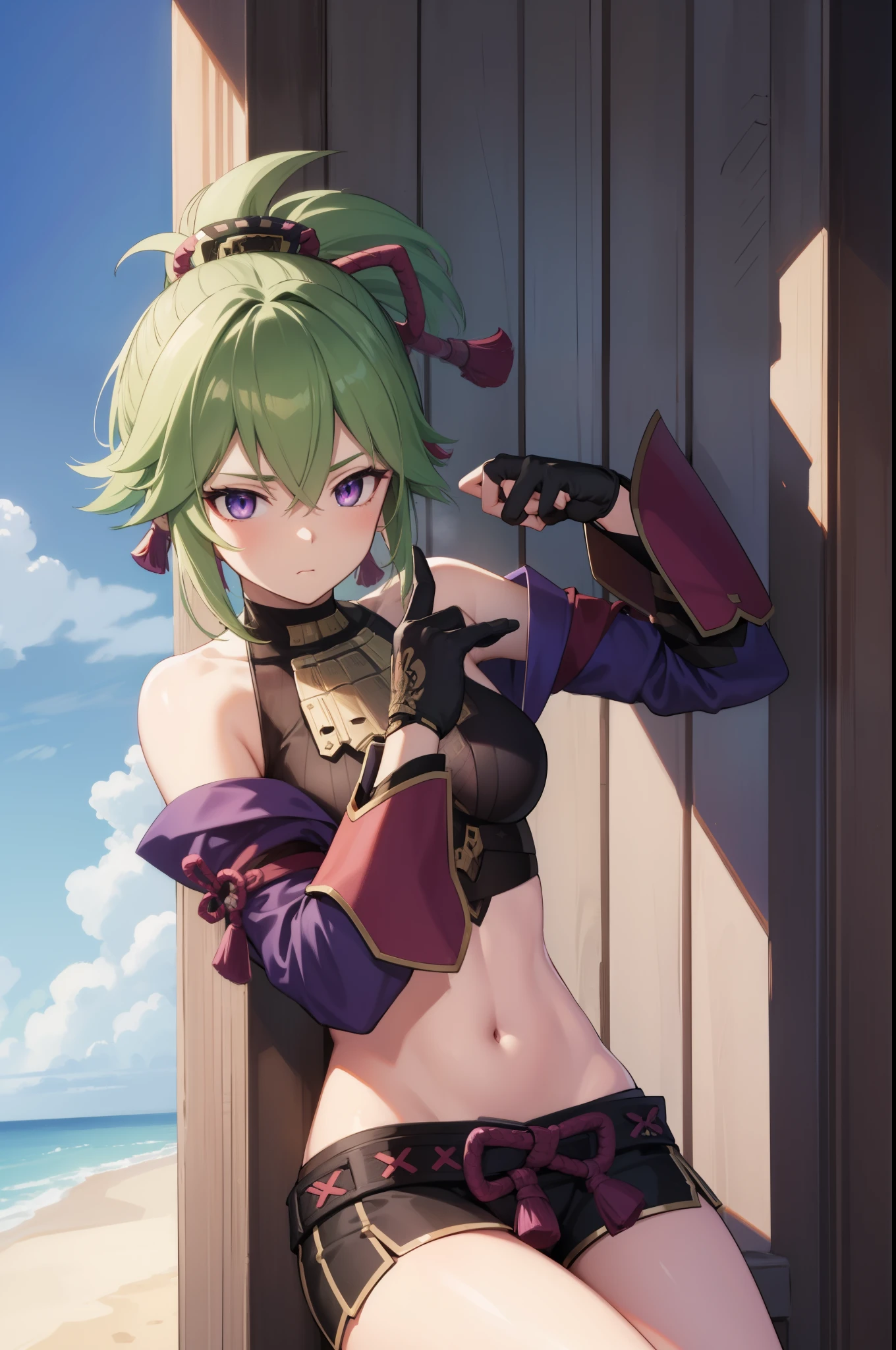 shinobukuki, shinobu kuki, green hair, hair between eyes, ponytail, short hair, (purple eyes:1.1),
BREAK armor, bare shoulders, black gloves, cropped jacket, fishnet top, fishnets, gloves, gold trim, hair ornament, jacket, leg armor, midriff, off shoulder, partially fingerless gloves, purple jacket, shirt, short shorts, shorts, shoulder armor, sleeveless, sleeveless shirt,
BREAK looking at viewer,
BREAK outdoors,
BREAK (masterpiece:1.2), best quality, high resolution, unity 8k wallpaper, (illustration:0.8), (beautiful detailed eyes:1.6), extremely detailed face, perfect lighting, extremely detailed CG, (perfect hands, perfect anatomy),