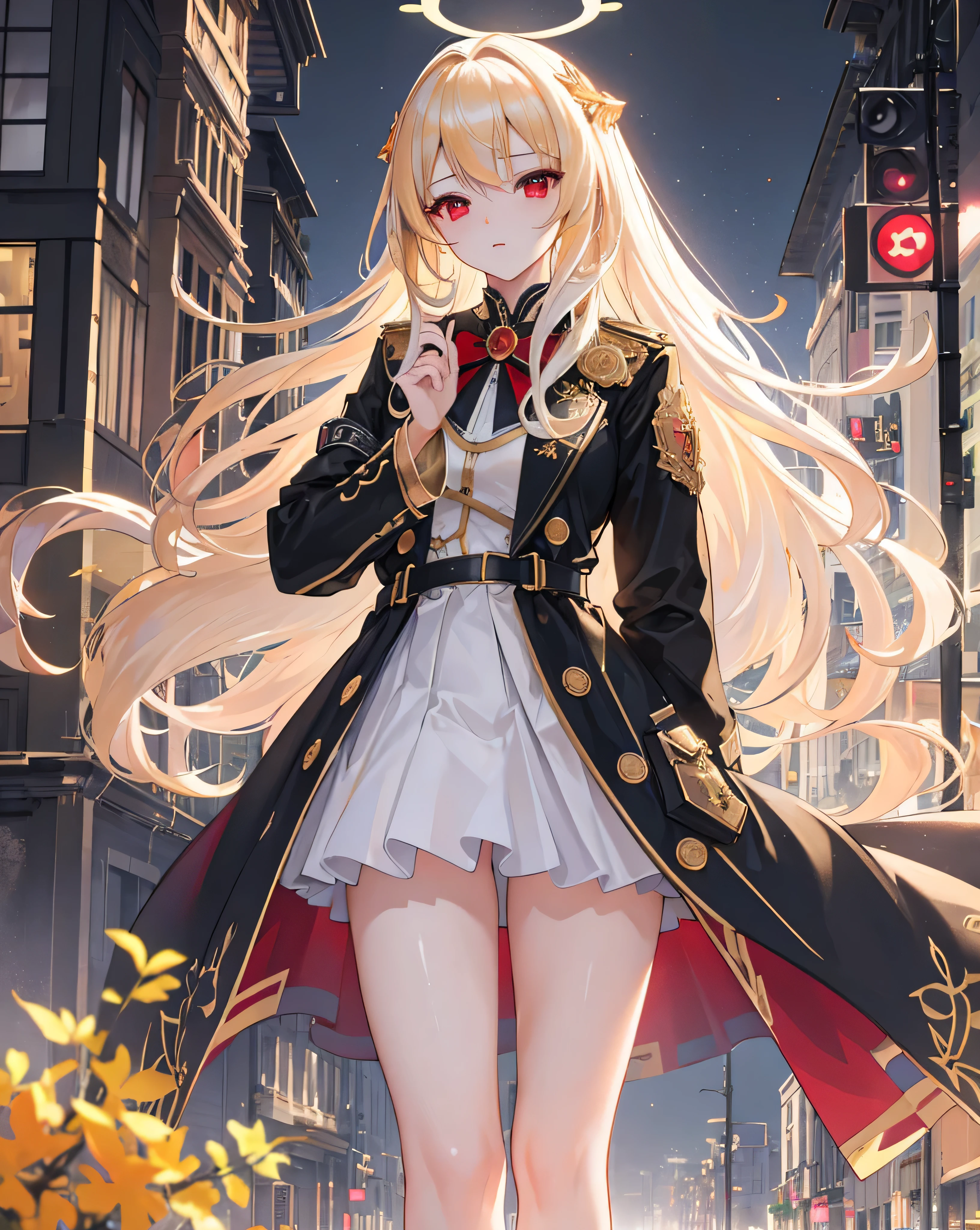 (obra maestra, Mejor calidad, CG extremadamente detallado, hermosos ojos detallados, ultra detallado, detalles intrincados:1.2), Fondo de pantalla 8K, elaborate features,
(1 chica, Solo:1.4), pelo largo, (cabello dorado:1.5), poros visibles, (gabardina blanca larga:1.3), falda negra, (Angel wings on the back:1.2), (ojos rojos:1.3), (Halo blanco en la cabeza:1.4), (en las calles de una ciudad moderna:1.4), RTX, technologically advanced city, luz lateral, DLSS, High Definition, vivid colors, colores saturados, floating paticles, Escenario realista, altura detalle piel, cara 3d, Piel dulce, cabello libre, Muslos, aplaude, day