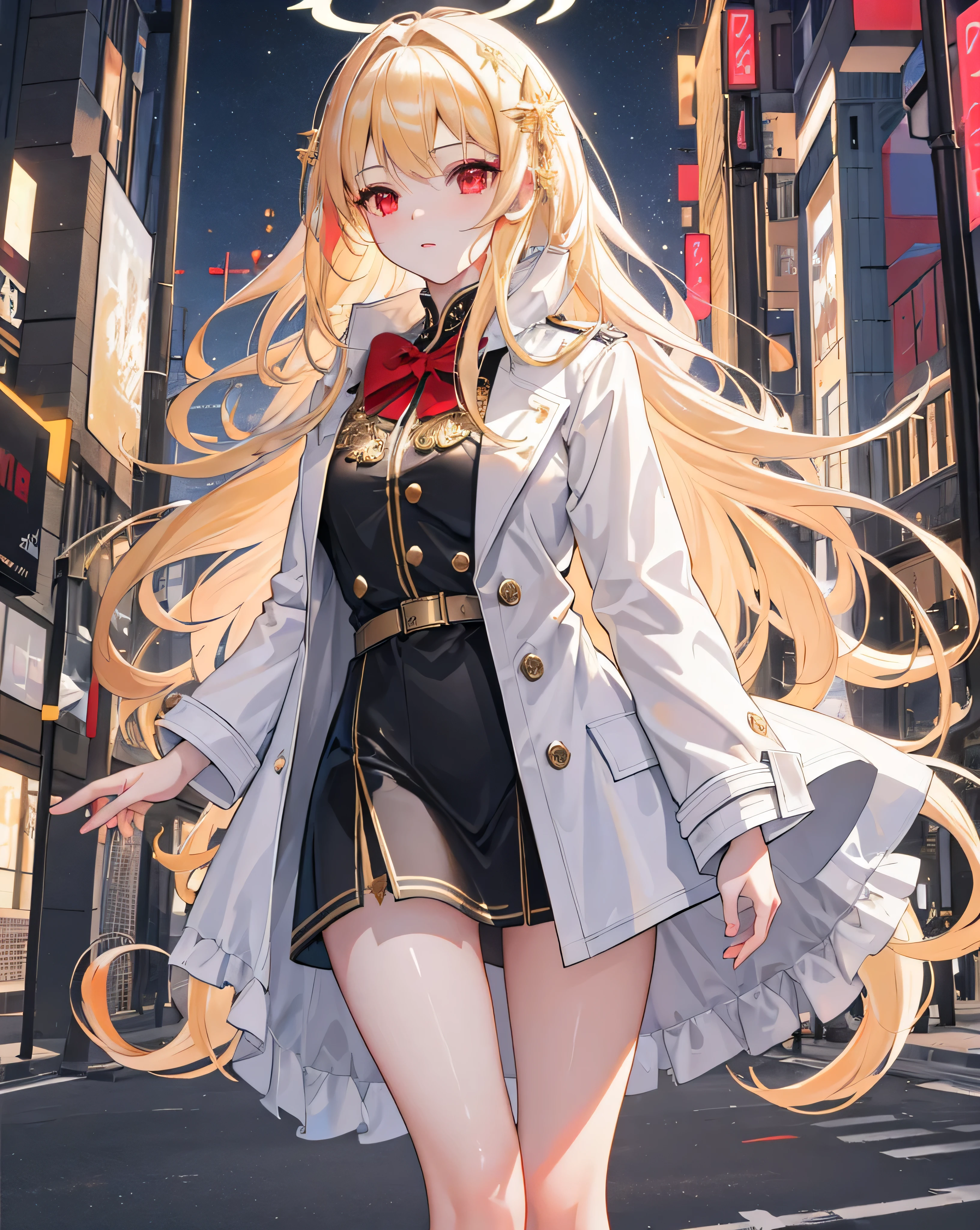 (obra maestra, Mejor calidad, CG extremadamente detallado, hermosos ojos detallados, ultra detallado, detalles intrincados:1.2), Fondo de pantalla 8K, elaborate features,
(1 chica, Solo:1.4), pelo largo, (cabello dorado:1.5), poros visibles, (gabardina blanca larga:1.3), falda negra, (Angel wings on the back:1.2), (ojos rojos:1.3), (Halo blanco en la cabeza:1.4), (en las calles de una ciudad moderna:1.4), RTX, technologically advanced city, luz lateral, DLSS, High Definition, vivid colors, colores saturados, floating paticles, Escenario realista, altura detalle piel, cara 3d, Piel dulce, cabello libre, Muslos, aplaude, day