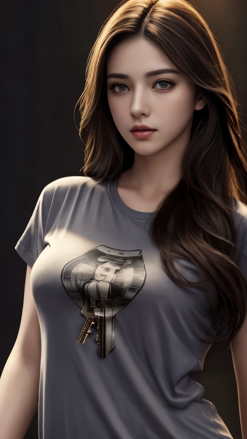 highest quality, masterpiece, ultra high resolution, (realistic:1.37), RAW photo, whole body,hip up, 1 girl, long hair, beautiful eyes,  beautiful face, detailed eyes and face, T-shirt, dynamic lighting, in the dark, deep shadow, discreet key, cowboy shot