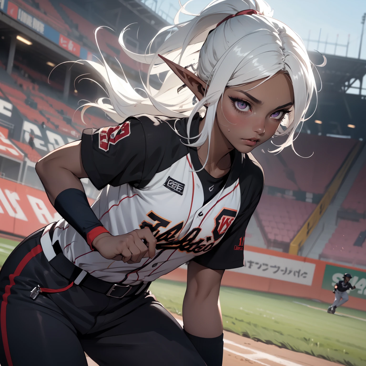 ((masterpiece)), (top quality), (best quality), ((ultra-detailed, 8k quality)), Cinematic lighting, soft semi-backlit light, (detailed line art), absurdres, (best composition), (high-resolution), Aesthetics,
BREAK,
(baseball ground:1.4), (greyscale background:1.1), (baseball uniforms, long pants:1.2), (baseball glove and medium ball:1.3), playing, (dark elf), ((adult girl)), dynamic angle, sweat, sparkling, action-lines, motion-blur, wind-effect, dust-effect,cinematic dramatic atmosphere, atmospheric perspective,
BREAK,
highly detailed of ((dark elf:1.4)), (1girl), solo, perfect face, details eye, ahoge, ponytail, white shining hair, (forehead), medium hair, [[floating hair]], violet eyes, shining eyes, (beautiful detailed eyelashes, eyeshadow, pink eyeshadow), Concept art by Mikimoto Haruhiko, by Kawacy, By Yoshitaka Amano,
BREAK, 
((perfect anatomy)), (perfect body), Abs, (medium breast), perfect hands, perfect face, beautiful face, beautiful eyes, perfect eyes, (perfect fingers, deatailed fingers), correct anatomy, perfect legs, skinny, ((dark skin:1.2)),