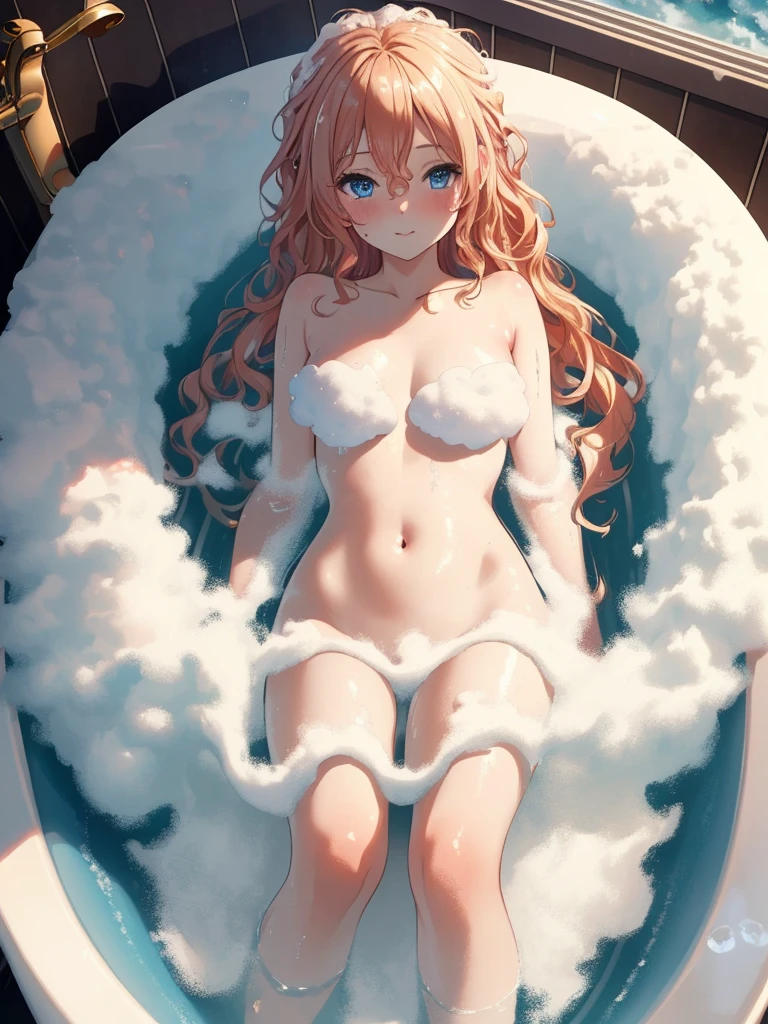 (,relax, elaborate Bathtub covered with Fluffy foam, from right above, high resolution, masterpiece, 8k, ultra-detailed:1.4), 1girl, Japanese idol, , , kawaii, peerless cute girl, take a bath, completely nude, photo realistic, photo realistic, photo realistic, (masterpiece,best quality:1.4),(8k,raw photo,photo realistic:1.2),Not Safe for Work, detailed skin, detailed face, cute face, , (raw photo, photo realistic: 1.2), masterpiece, top-quality,
(Face and legs out of the bathtub. , :1.2)
(lying on stomach, from behind),blue eyes, happy, red blush, medium bob, blonde hair, long hair, ((shiny wavy hair)), , , (curly hair:0.5)
