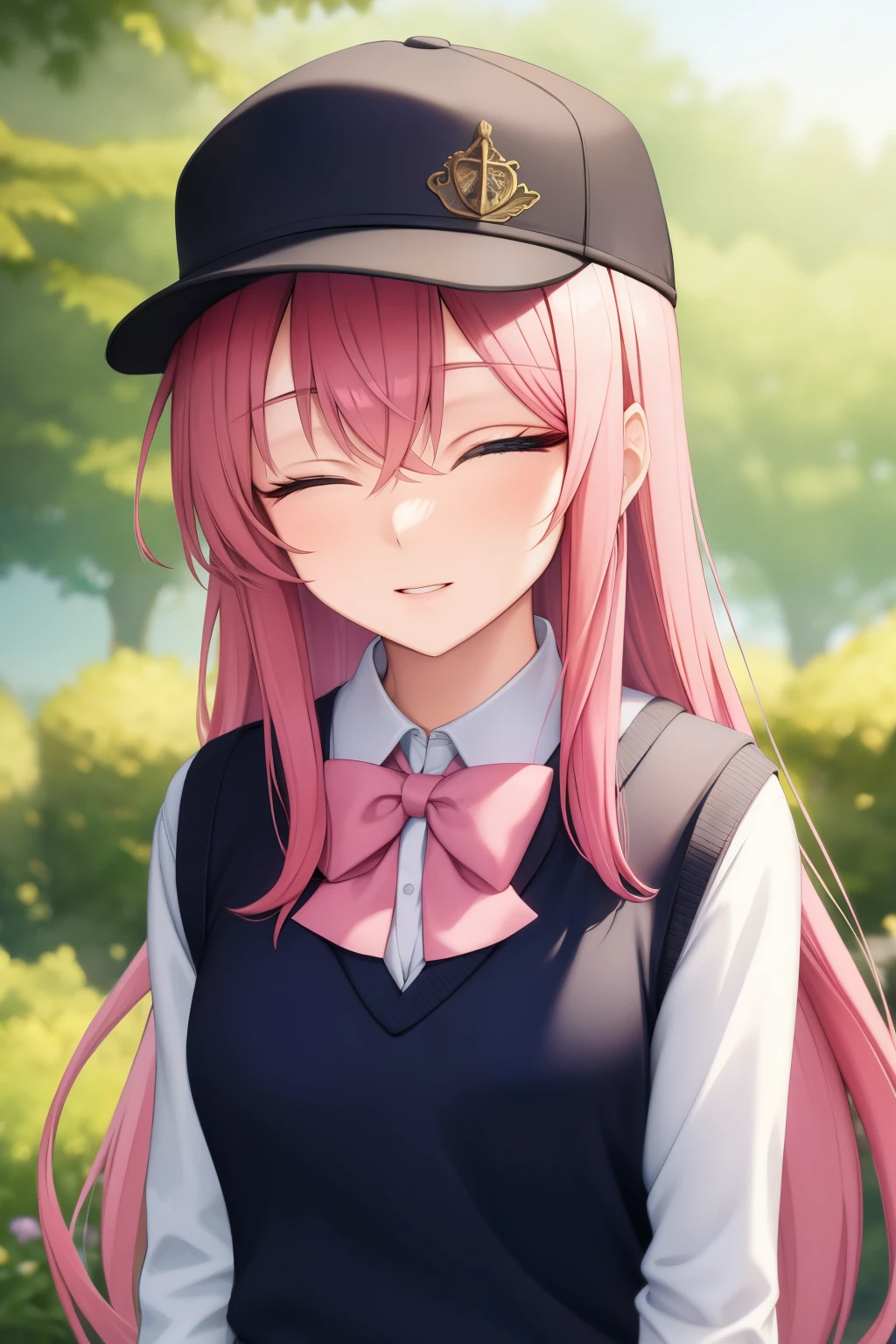 (masterpiece, best quality: 1.2), close-up shot, a person with long pink hair, blue eyes, wearing a black snapback hat, with a white long-sleeved sweater and a black knitted vest, a gray short school skirt, very detailed, best quality, expressive eyes, perfect face, very high quality, very detailed, pink ribbon, she is , eyes closed, gave me a paper, garden background,